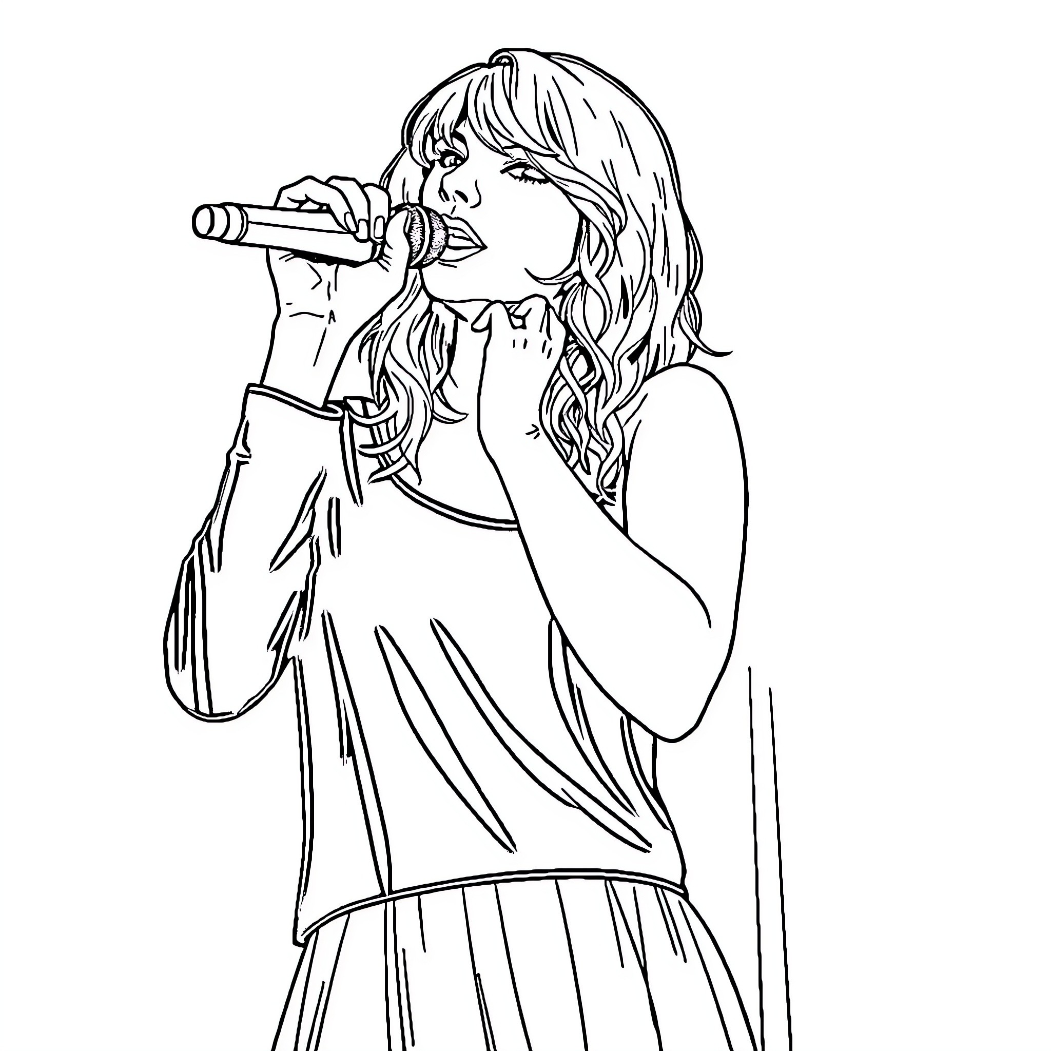 Taylor Swift Singing Passionately on Stage Coloring Page (free black-and-white line drawing printable PDF for all, from beginners to advanced learners, including children, teens, adults, and seniors)