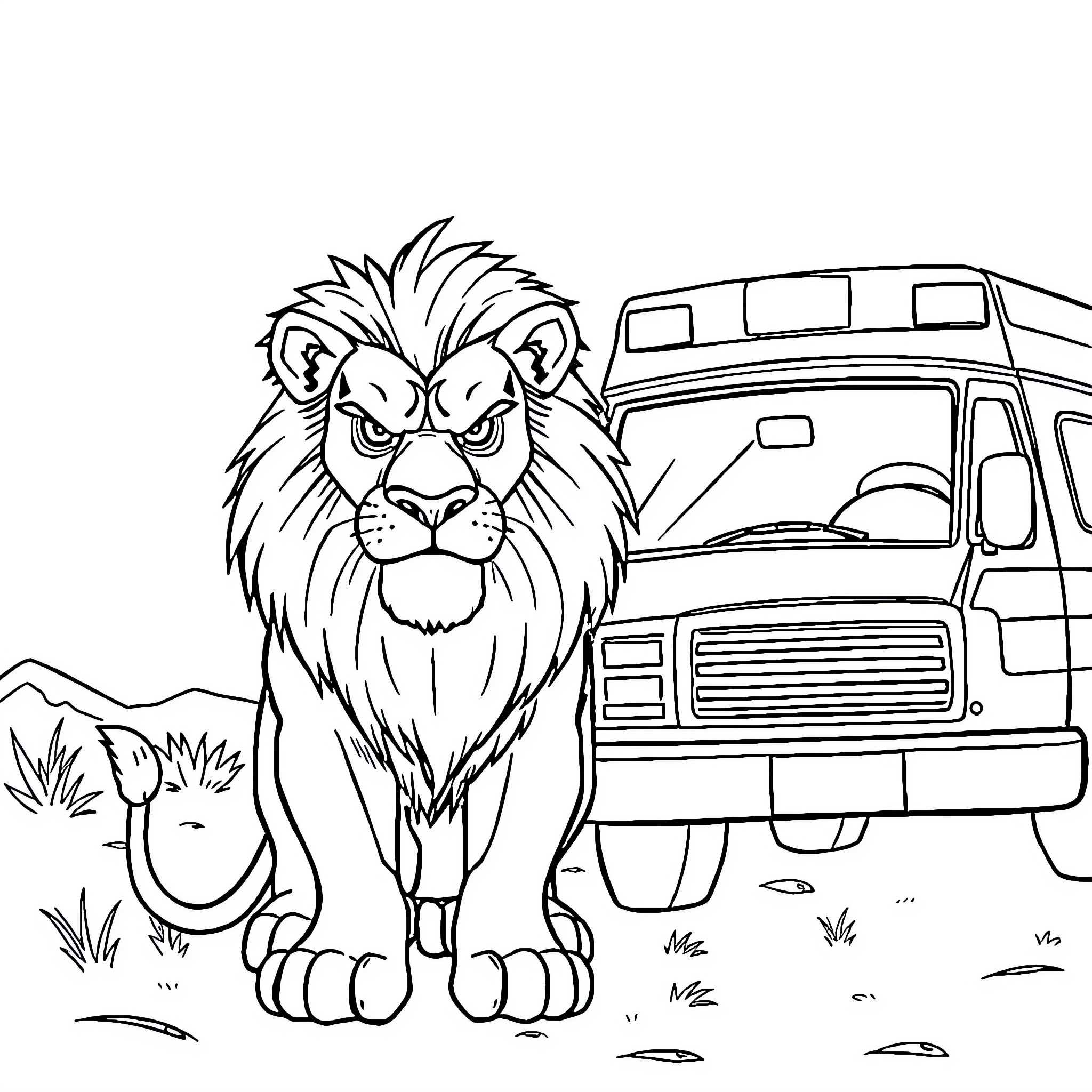 Lion guarding wildlife safari vehicle Coloring Page (free black-and-white line drawing printable PDF for all, from beginners to advanced learners, including children, teens, adults, and seniors)