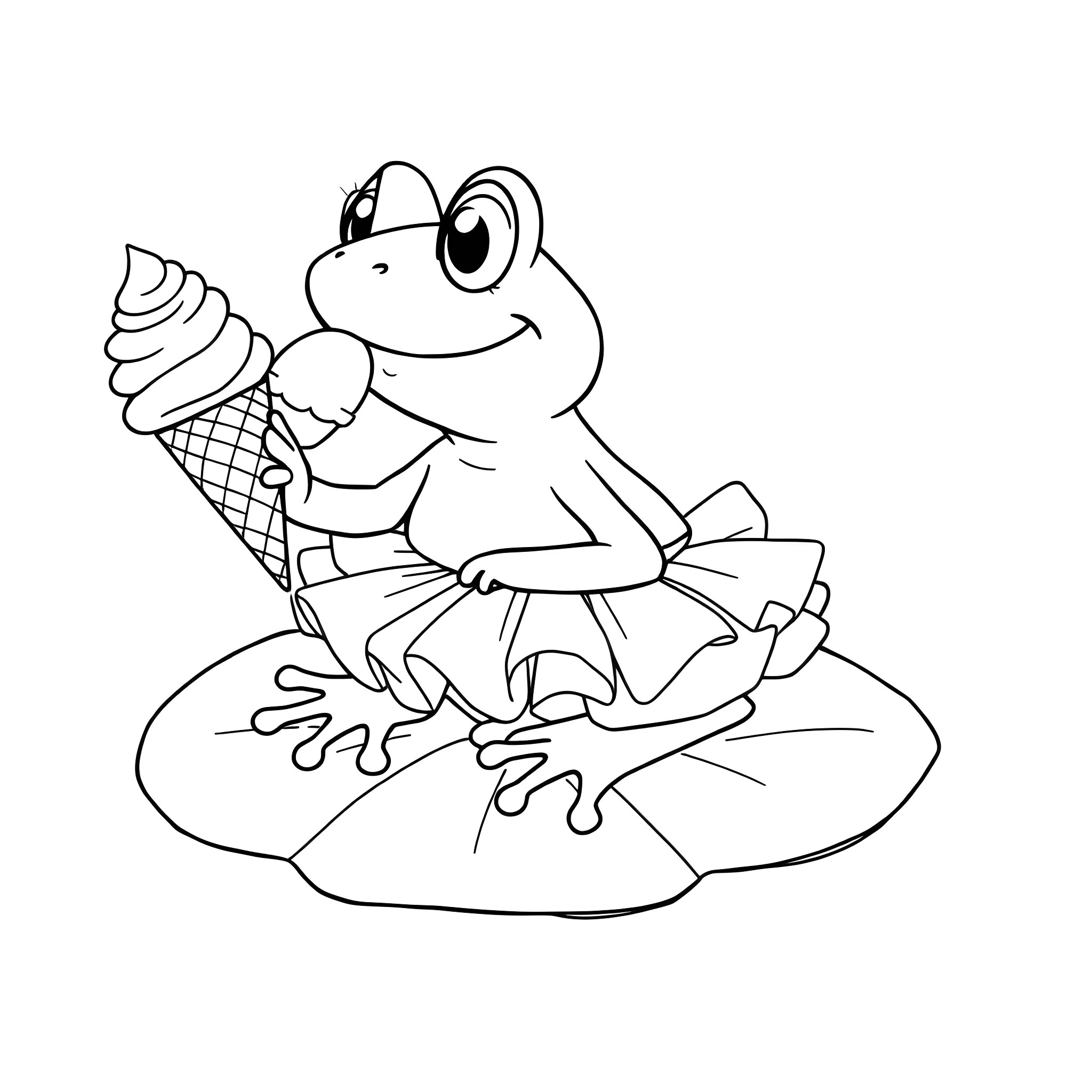 Frog enjoying a delightful ice cream treat Coloring Page (free black-and-white line drawing printable PDF for all, from beginners to advanced learners, including children, teens, adults, and seniors)