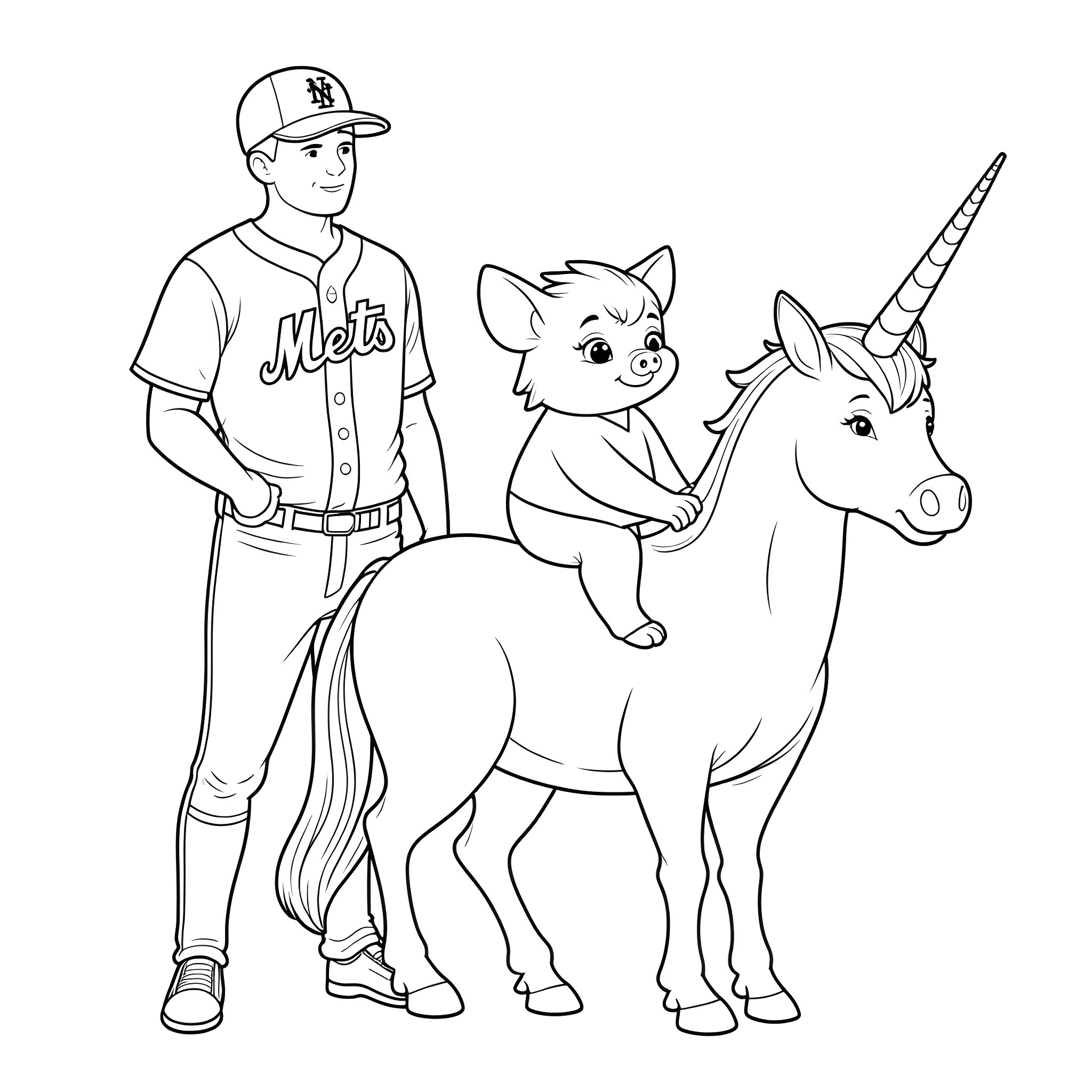 New York Mets Player with Unicorn and Piglet Coloring Page (free black-and-white line drawing printable PDF for all, from beginners to advanced learners, including children, teens, adults, and seniors)