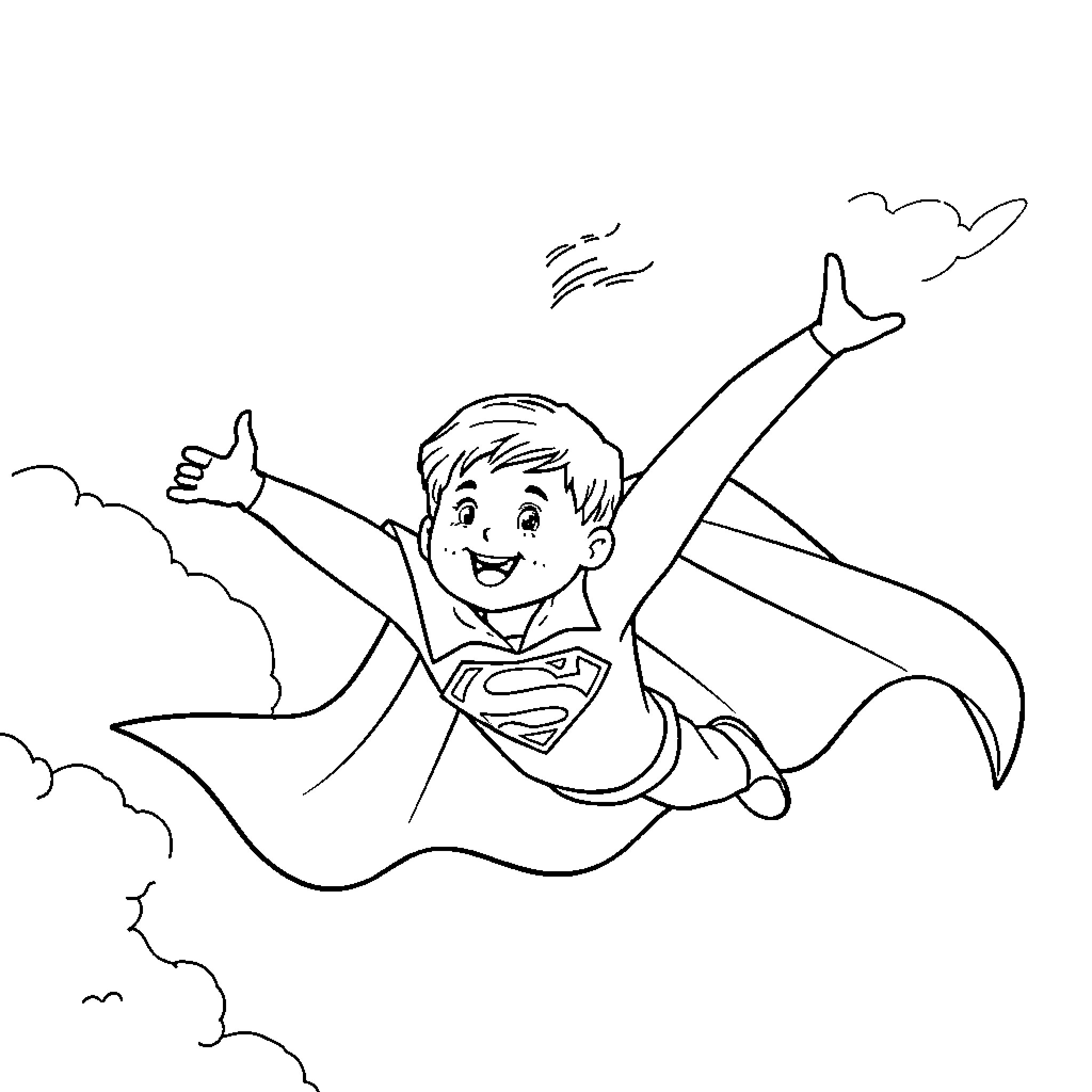 Boy happily flying as a superhero in the sky Coloring Page (free black-and-white line drawing printable PDF for all, from beginners to advanced learners, including children, teens, adults, and seniors)