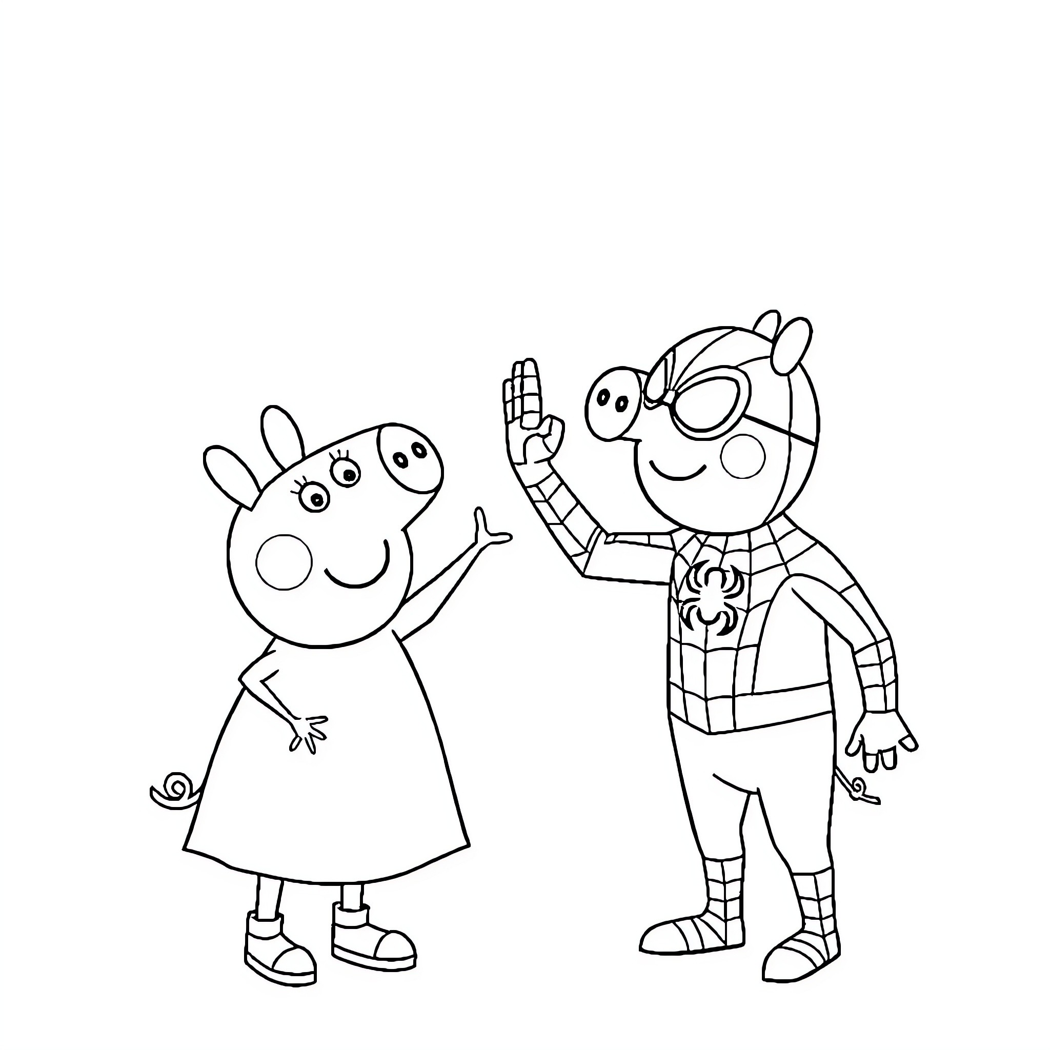 Spiderman and Peppa Pig in Cartoon Adventure Coloring Page (free black-and-white line drawing printable PDF for all, from beginners to advanced learners, including children, teens, adults, and seniors)