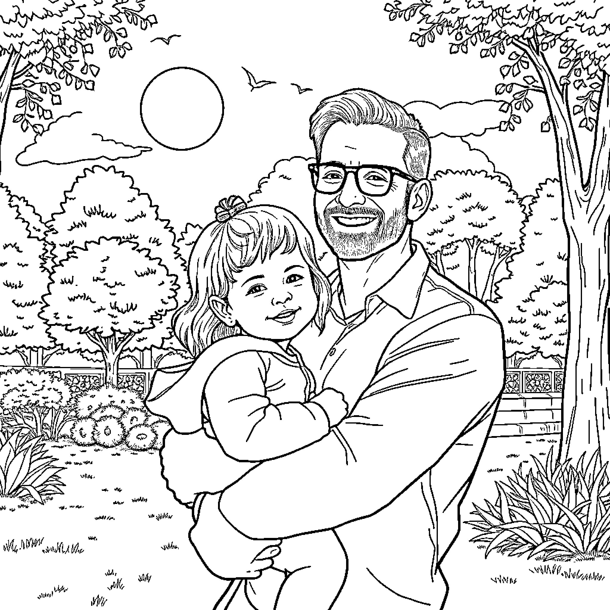 Bradley Cooper embracing a young girl outdoors Coloring Page (free black-and-white line drawing printable PDF for all, from beginners to advanced learners, including children, teens, adults, and seniors)