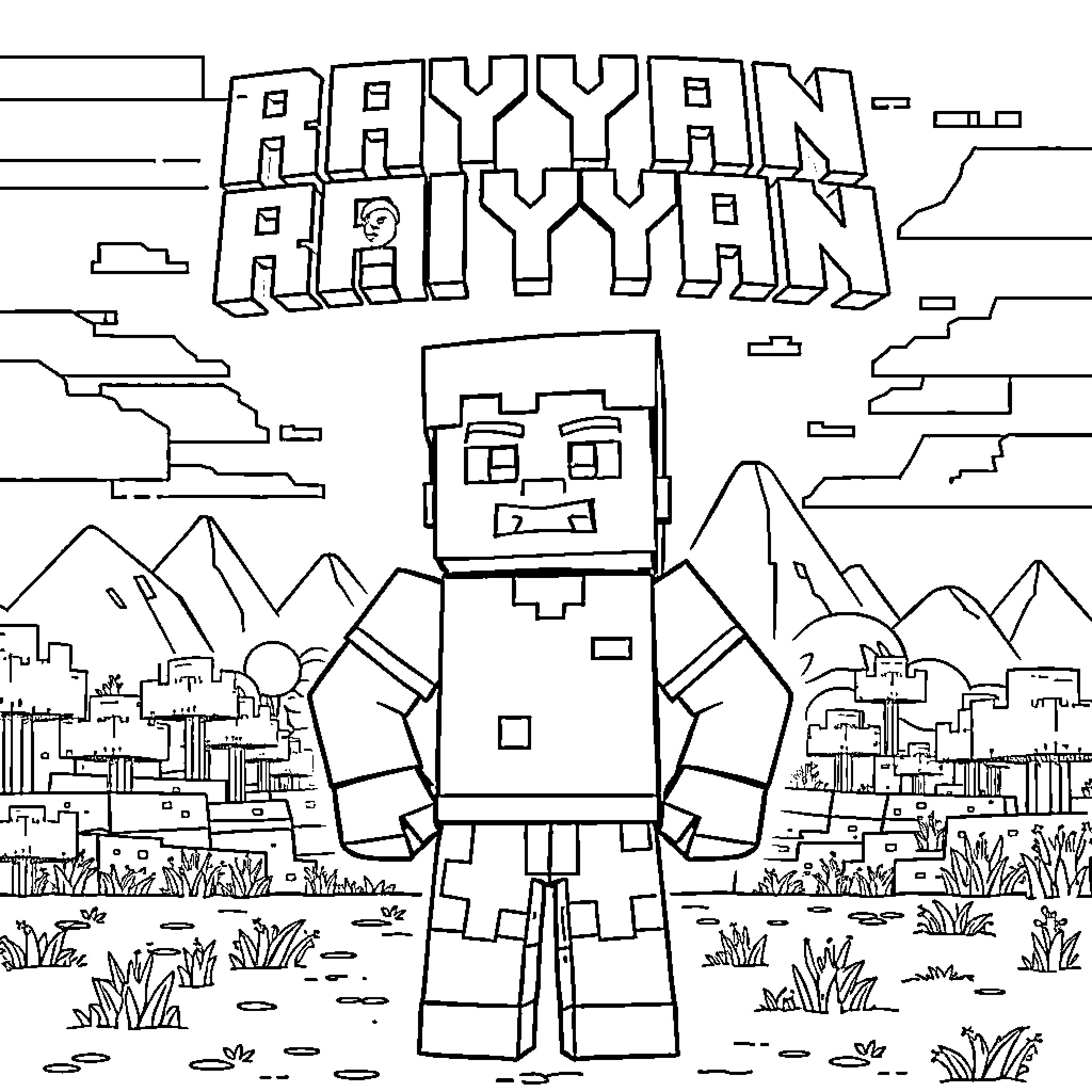 Minecraft Steve in the Mountainous Landscape Coloring Page (free black-and-white line drawing printable PDF for all, from beginners to advanced learners, including children, teens, adults, and seniors)