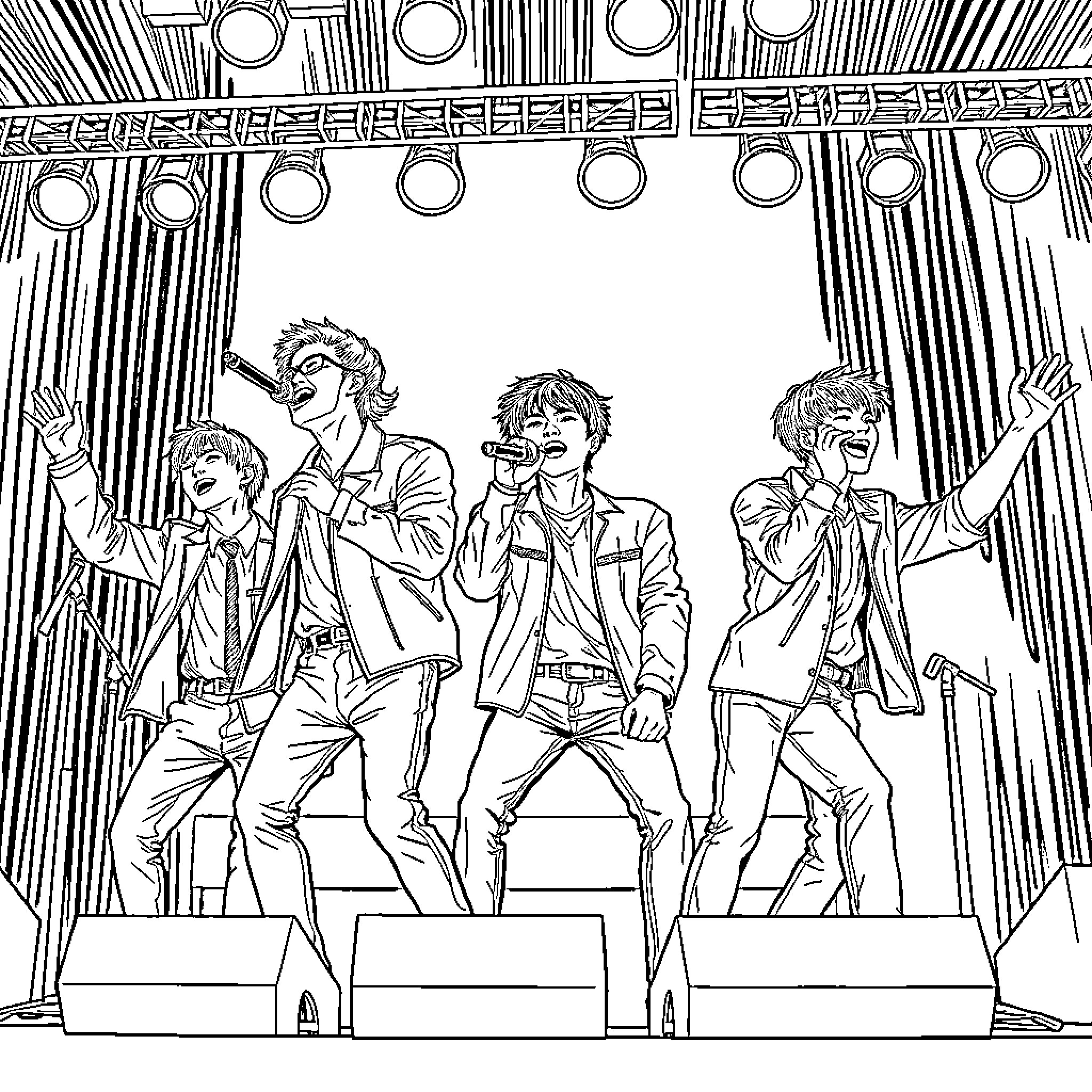 Saja Boys on Stage Coloring Page (free black-and-white line drawing printable PDF for all, from beginners to advanced learners, including children, teens, adults, and seniors)