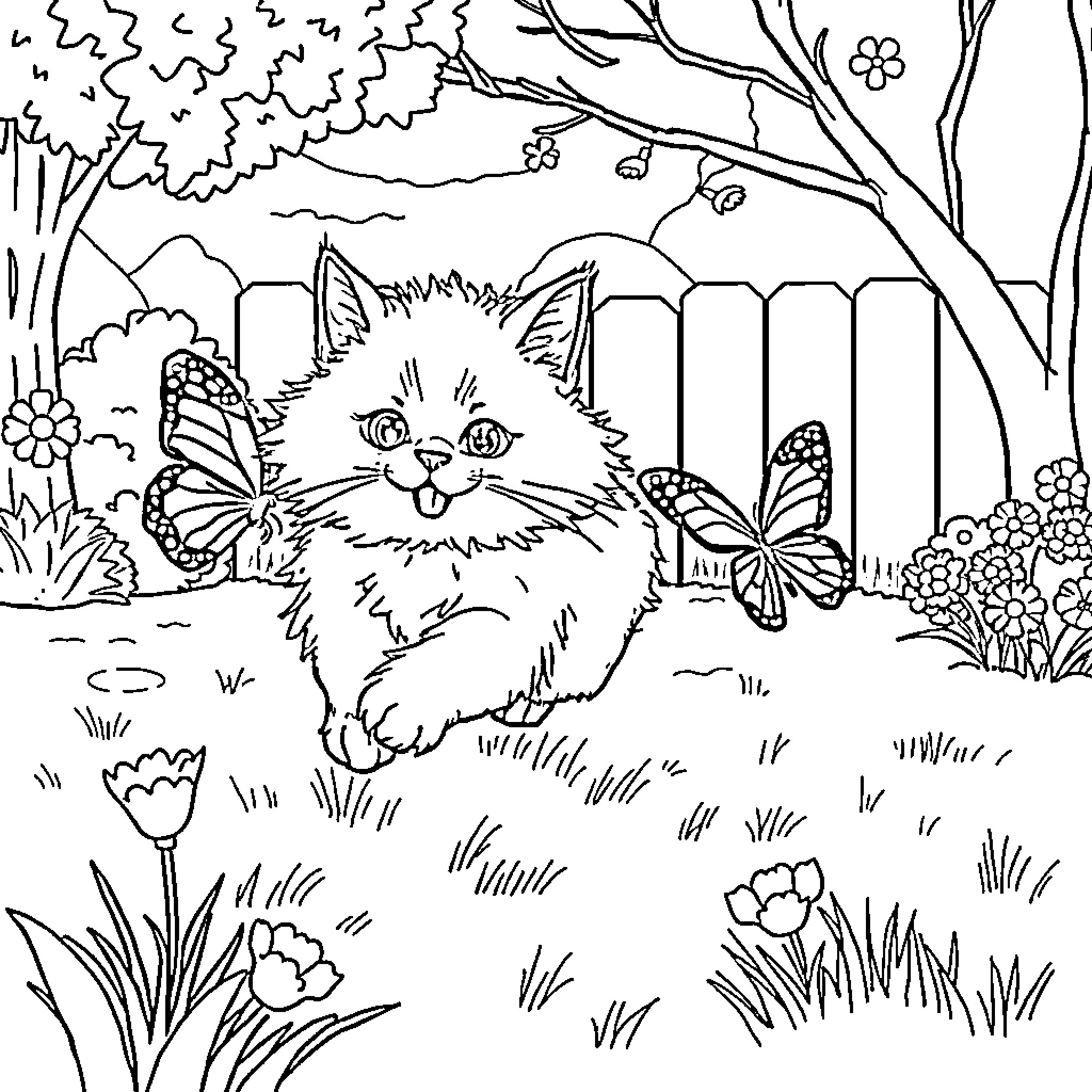 Cat in a Whimsical Garden Setting Coloring Page (free black-and-white line drawing printable PDF for all, from beginners to advanced learners, including children, teens, adults, and seniors)
