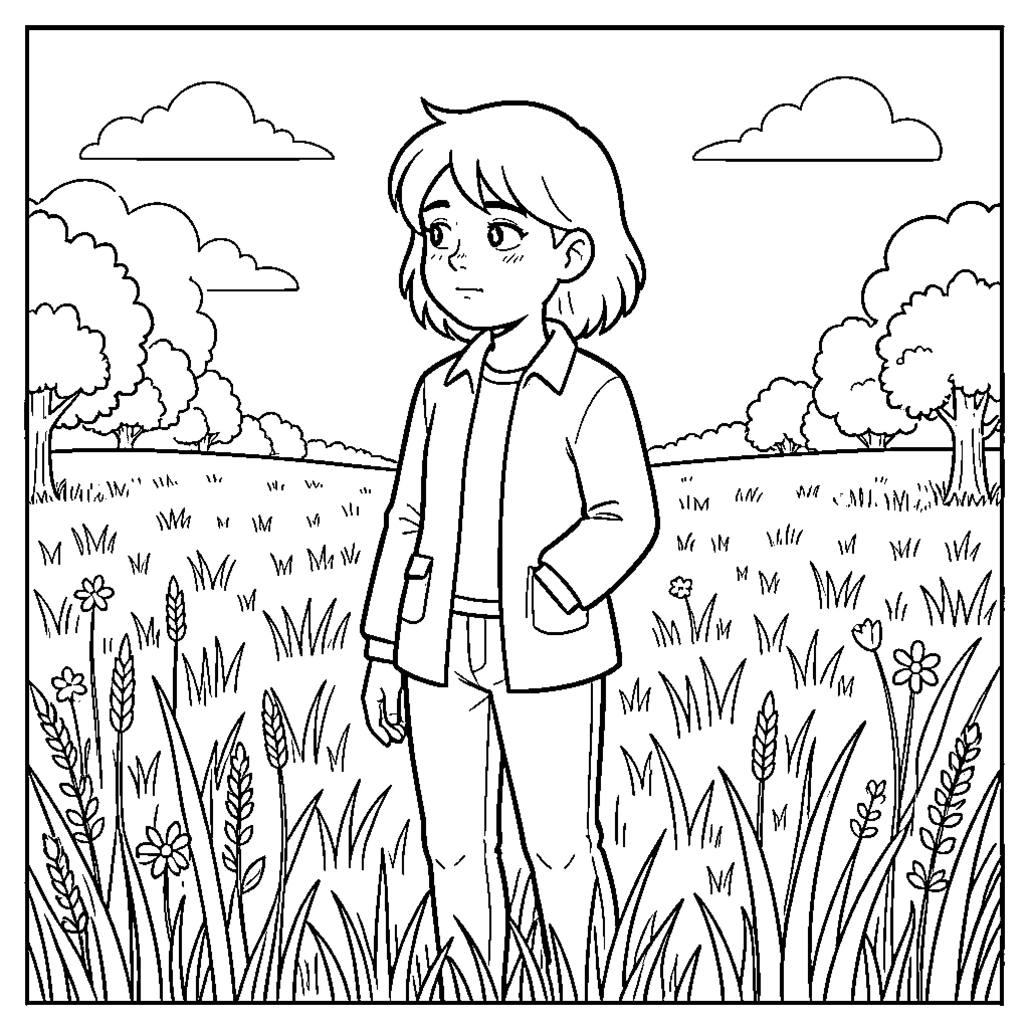 Pelle standing thoughtfully in a grassy meadow Coloring Page (free black-and-white line drawing printable PDF for all, from beginners to advanced learners, including children, teens, adults, and seniors)