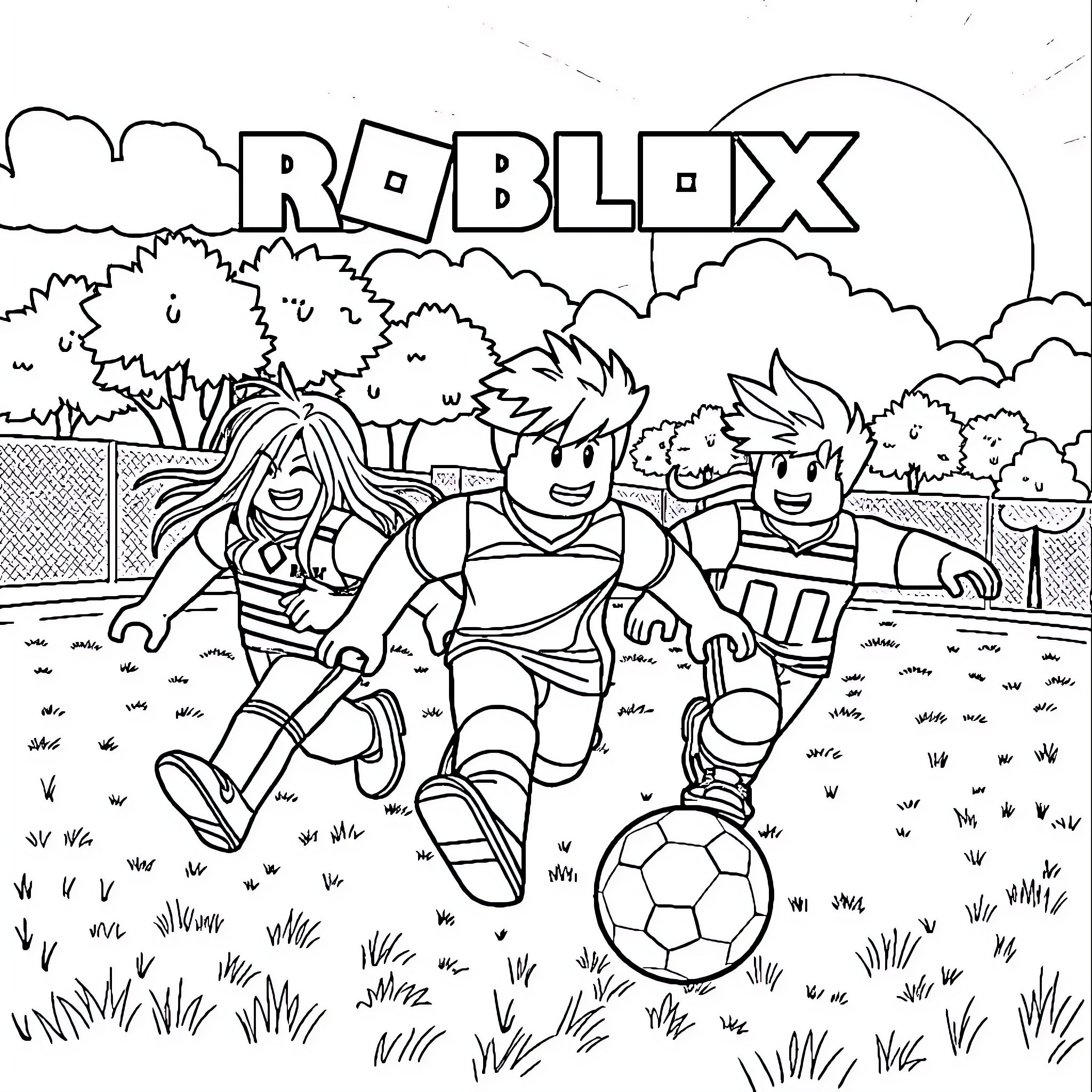Roblox Character Playing Soccer with Friends in the Park Coloring Page (free black-and-white line drawing printable PDF for all, from beginners to advanced learners, including children, teens, adults, and seniors)