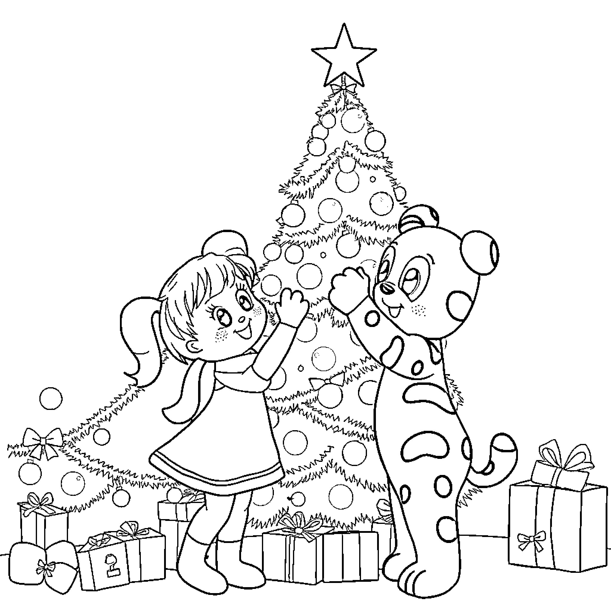 Gabby decorating the Christmas tree with dog Coloring Page (free black-and-white line drawing printable PDF for all, from beginners to advanced learners, including children, teens, adults, and seniors)