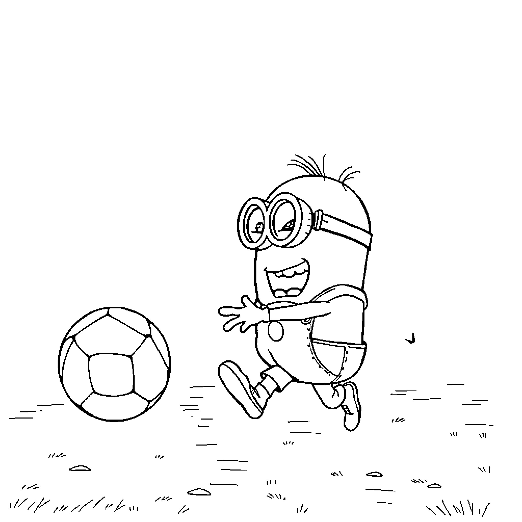 Minion playing joyfully with soccer ball Coloring Page (free black-and-white line drawing printable PDF for all, from beginners to advanced learners, including children, teens, adults, and seniors)