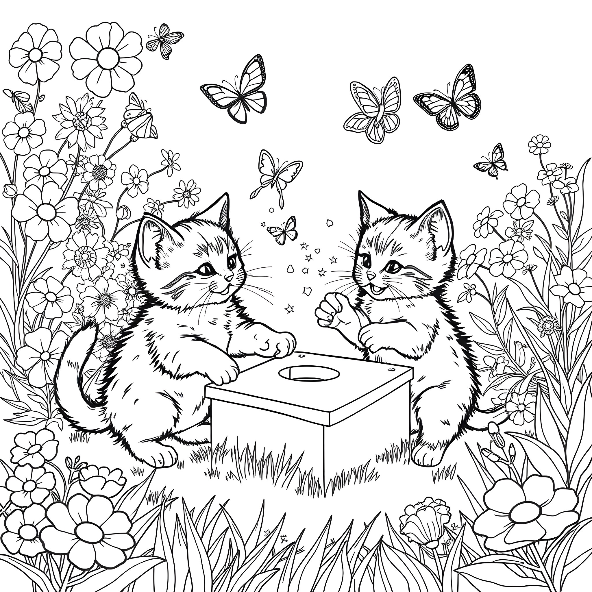 Kittens playing happily with butterflies in the garden Coloring Page (free black-and-white line drawing printable PDF for all, from beginners to advanced learners, including children, teens, adults, and seniors)