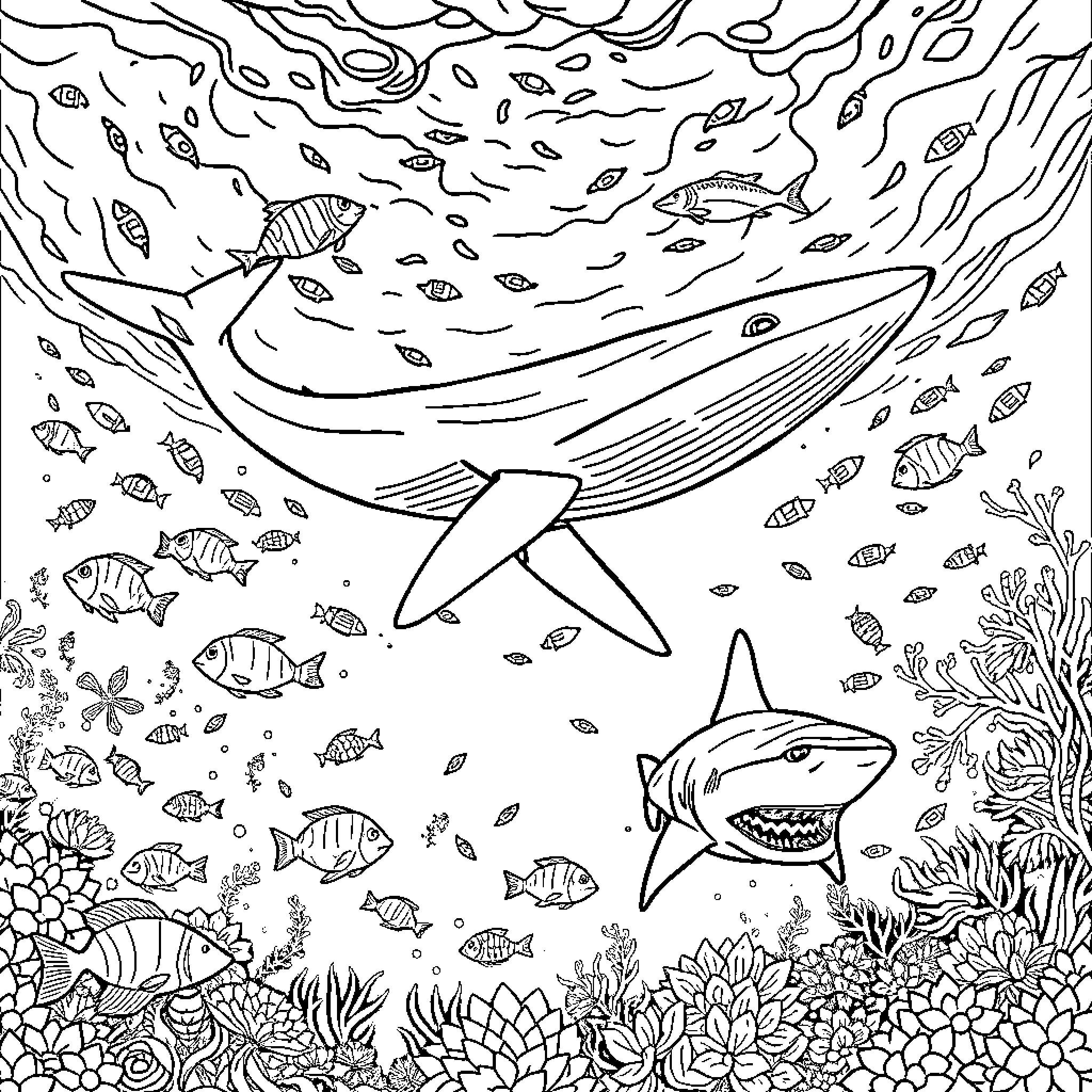 Fish Swimming in Vibrant Underwater Scenery Coloring Page (free black-and-white line drawing printable PDF for all, from beginners to advanced learners, including children, teens, adults, and seniors)