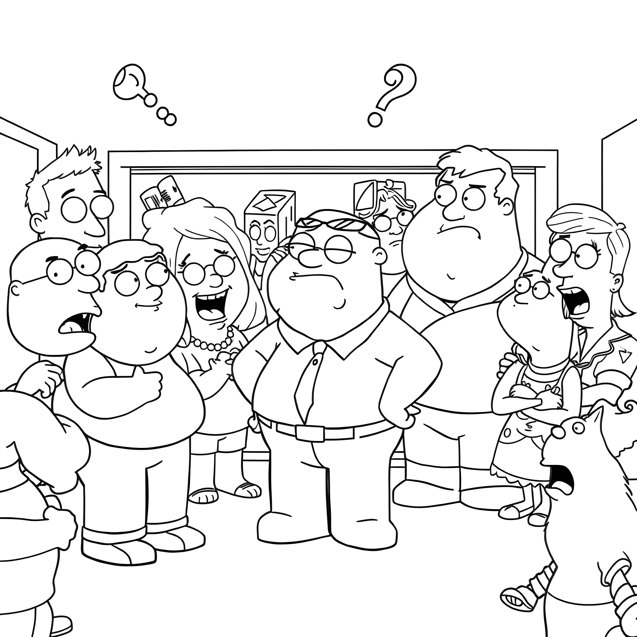 Family Guy characters in a confused group setting Coloring Page (free black-and-white line drawing printable PDF for all, from beginners to advanced learners, including children, teens, adults, and seniors)
