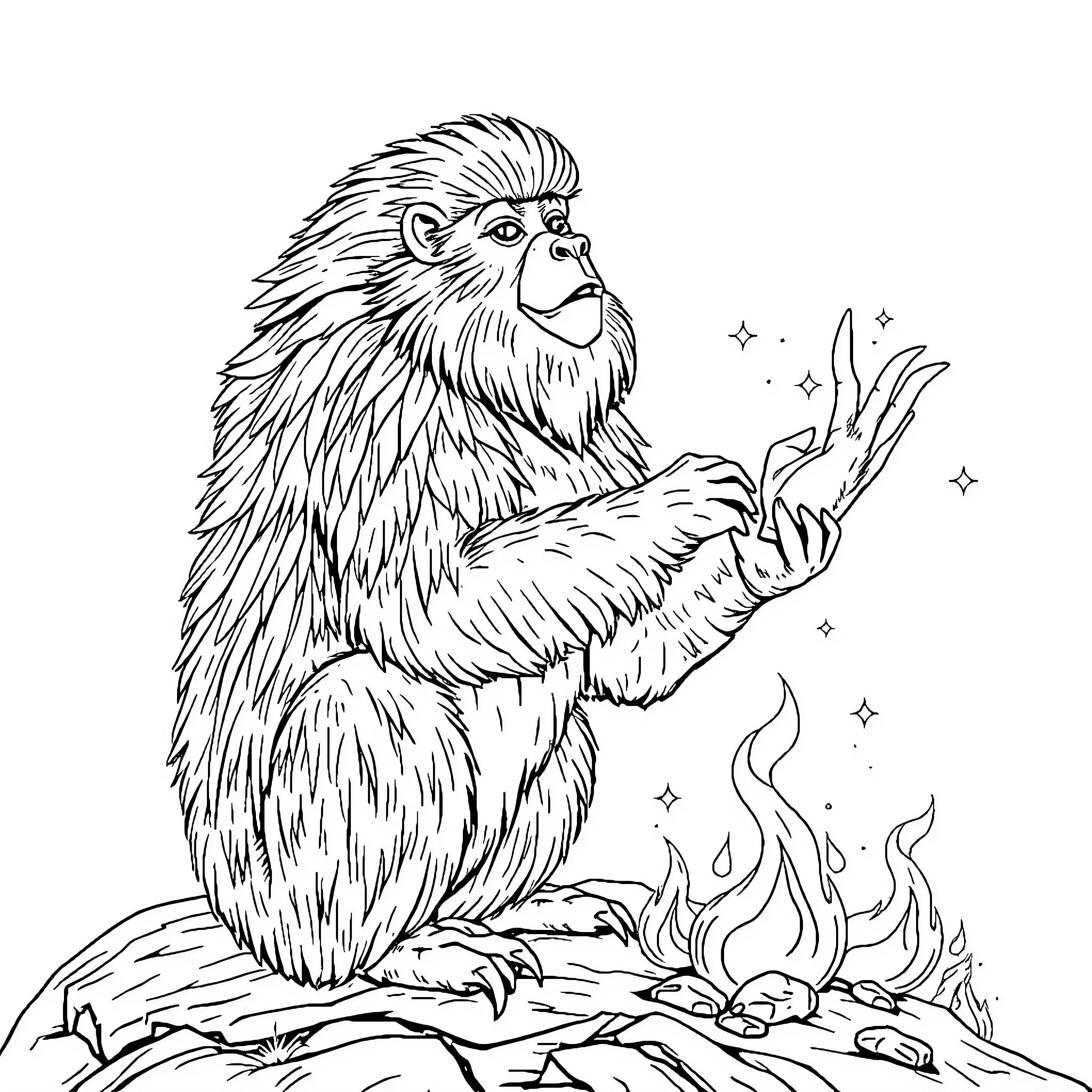 Sacha Monkey Warming Hands by Campfire Coloring Page (free black-and-white line drawing printable PDF for all, from beginners to advanced learners, including children, teens, adults, and seniors)