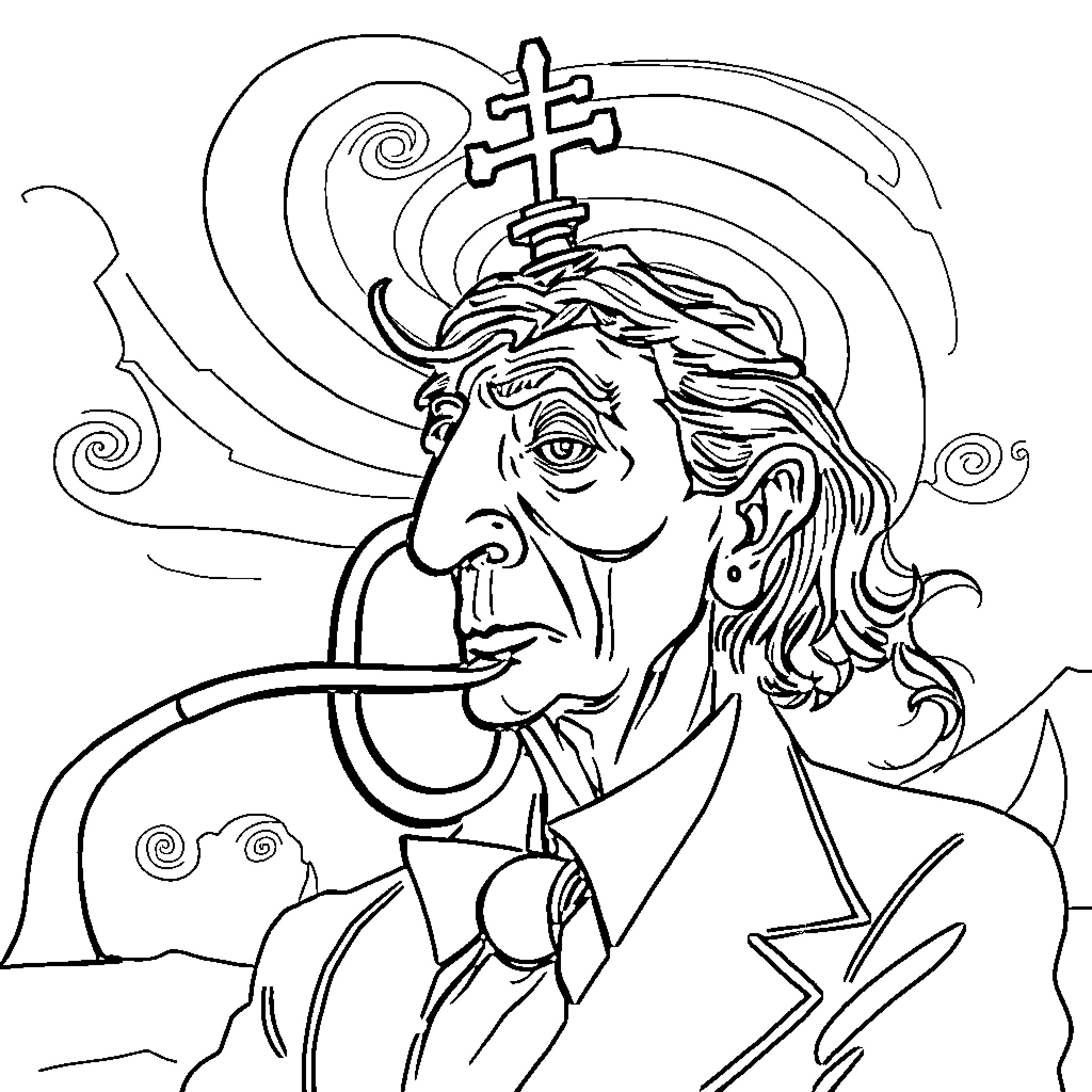 Melting Clock Depicting Eccentric Figure with Surreal Elements Coloring Page (free black-and-white line drawing printable PDF for all, from beginners to advanced learners, including children, teens, adults, and seniors)