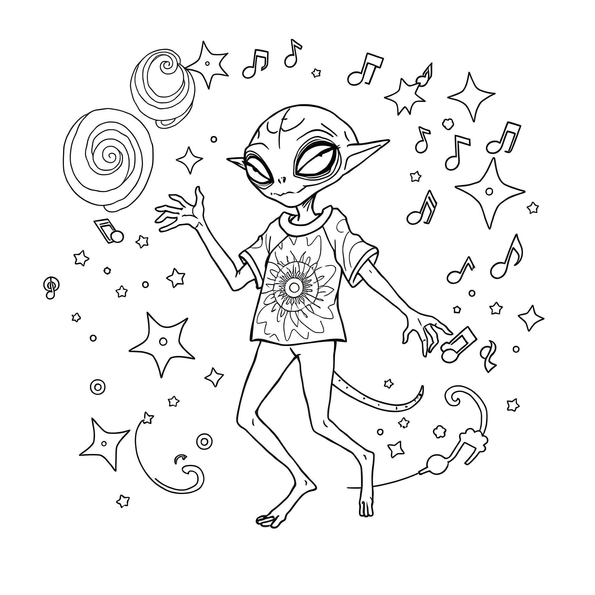 Alien Dancing Joyfully with Music Notes Coloring Page (free black-and-white line drawing printable PDF for all, from beginners to advanced learners, including children, teens, adults, and seniors)