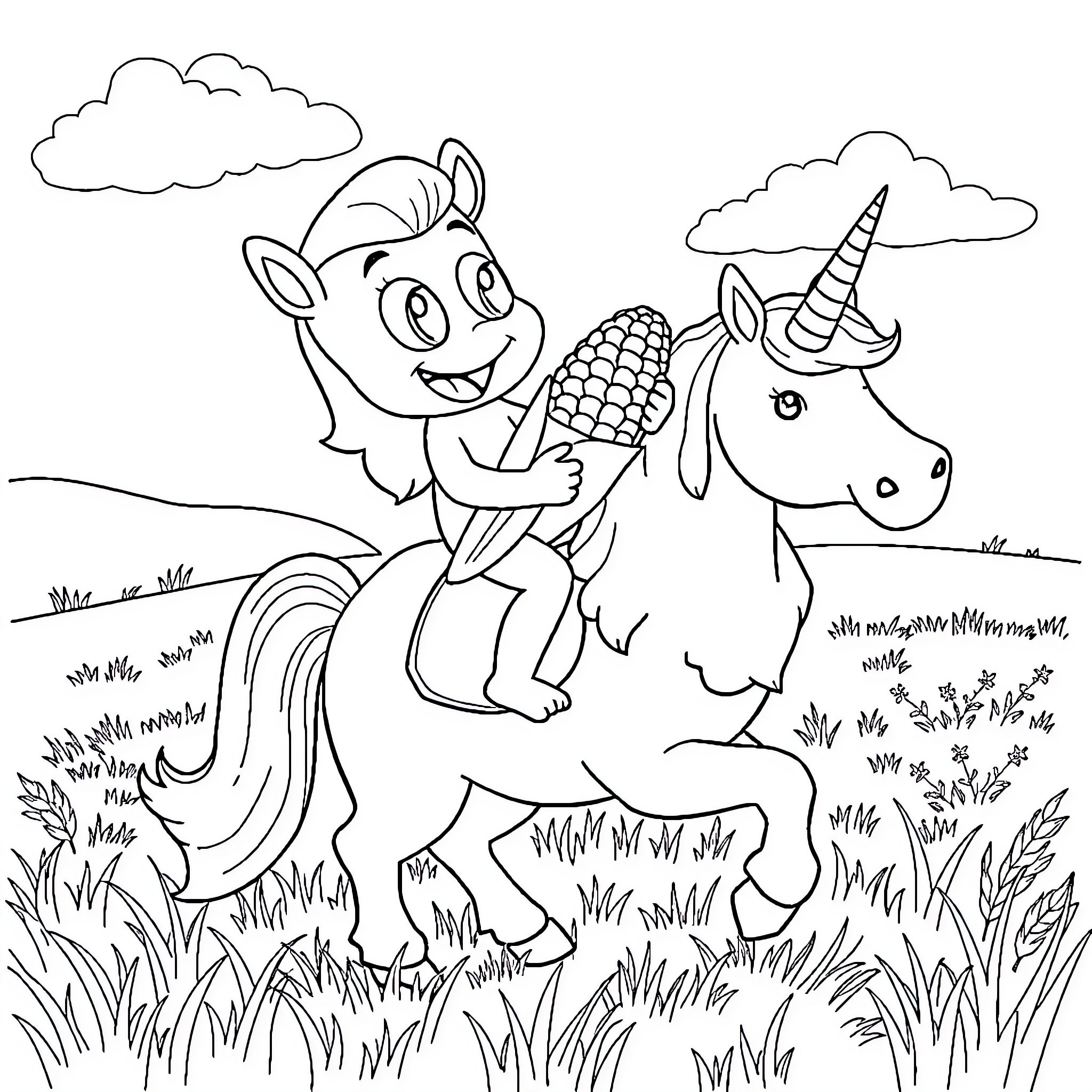 Bluey's Magical Unicorn Adventure Coloring Page (free black-and-white line drawing printable PDF for all, from beginners to advanced learners, including children, teens, adults, and seniors)