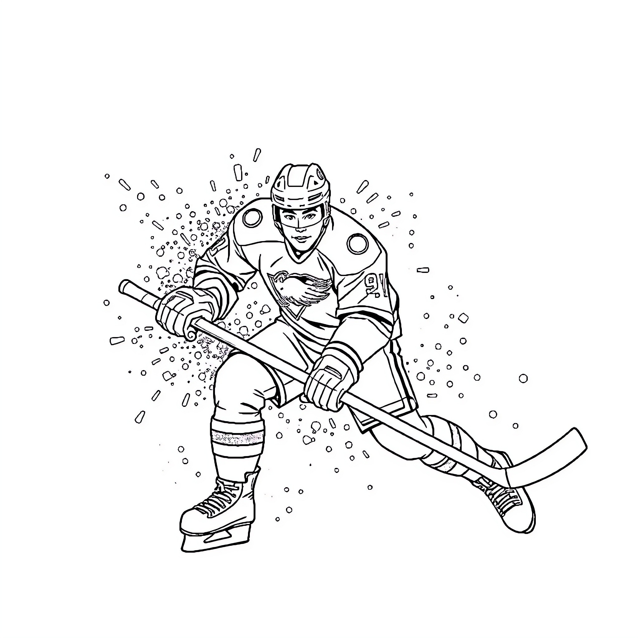 Hockey Player Skating Aggressively on Ice Coloring Page (free black-and-white line drawing printable PDF for all, from beginners to advanced learners, including children, teens, adults, and seniors)