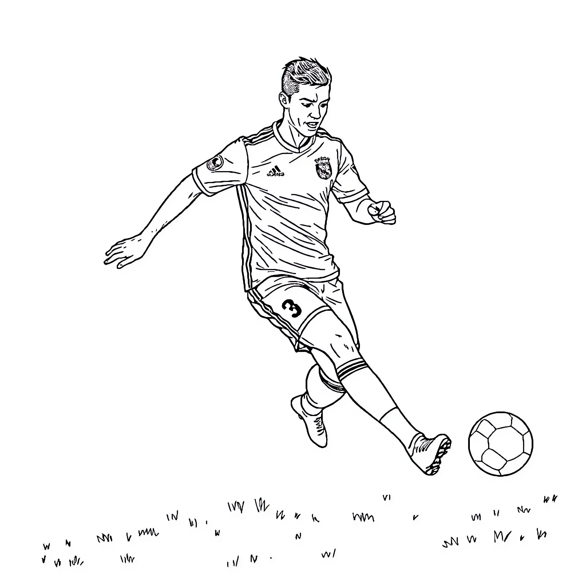 Ronaldo in action kicking soccer ball on field Coloring Page (free black-and-white line drawing printable PDF for all, from beginners to advanced learners, including children, teens, adults, and seniors)