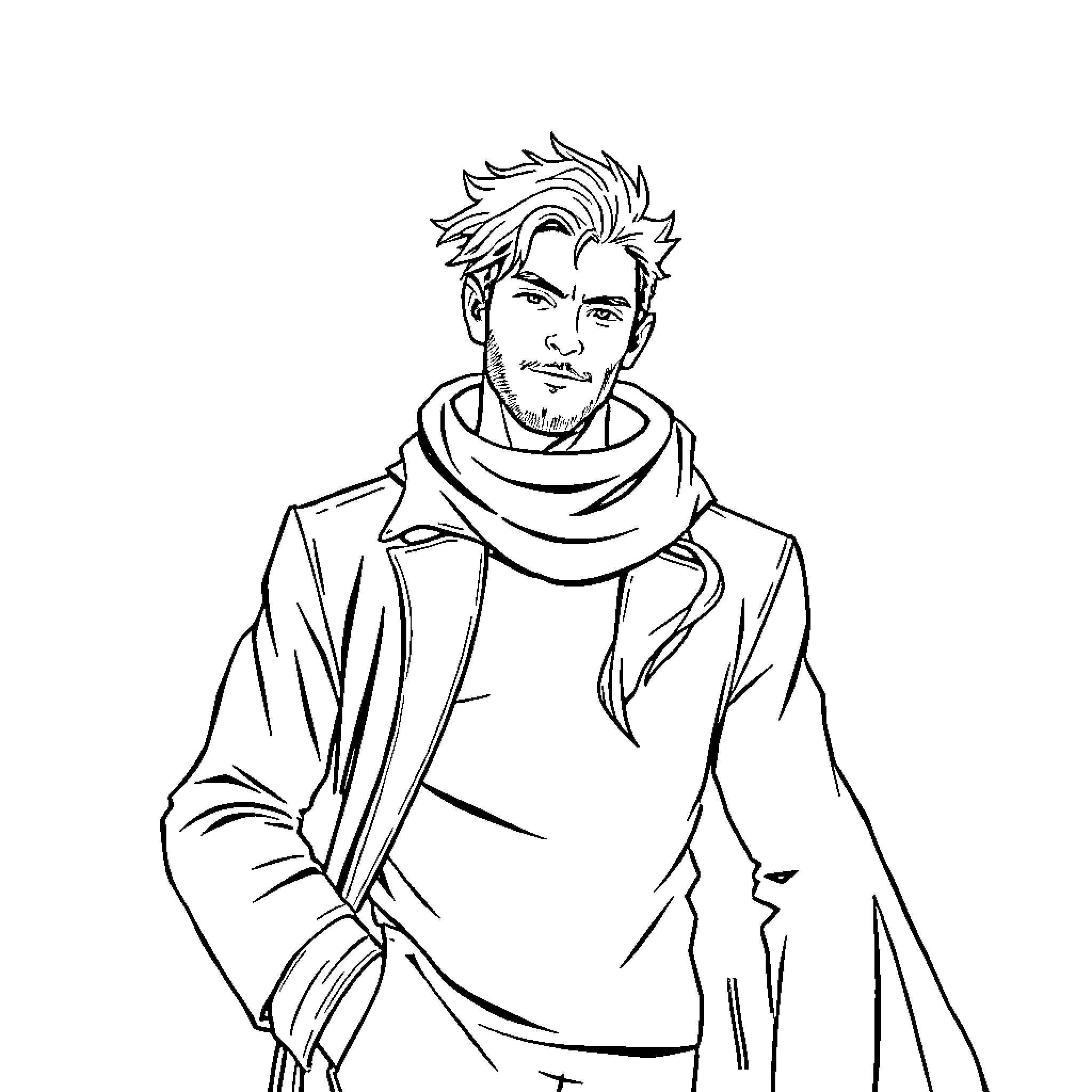 Personnage en tenue décontractée et expression réfléchie Coloring Page (free black-and-white line drawing printable PDF for all, from beginners to advanced learners, including children, teens, adults, and seniors)