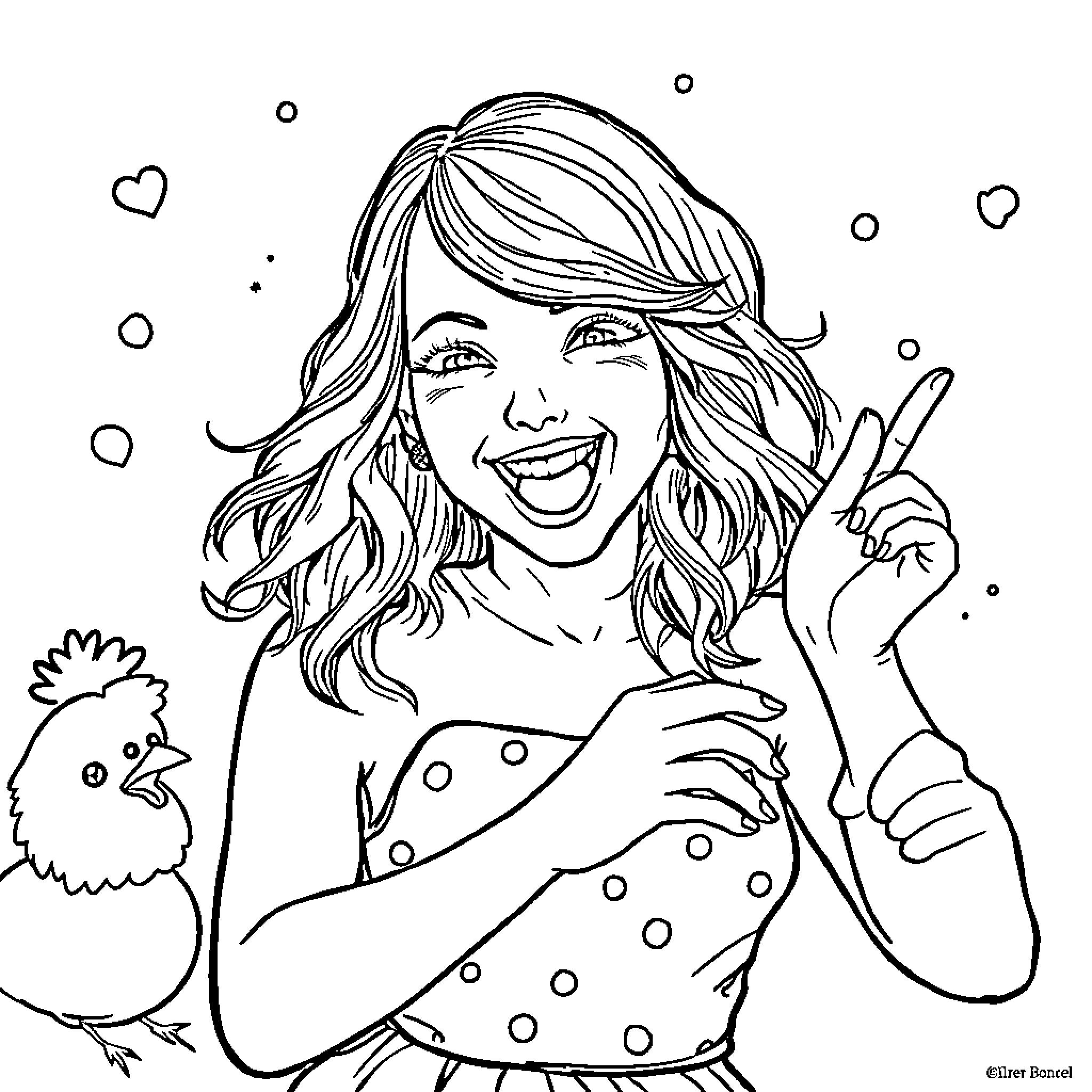 Taylor Swift's Playful Moment with Chicken Coloring Page (free black-and-white line drawing printable PDF for all, from beginners to advanced learners, including children, teens, adults, and seniors)