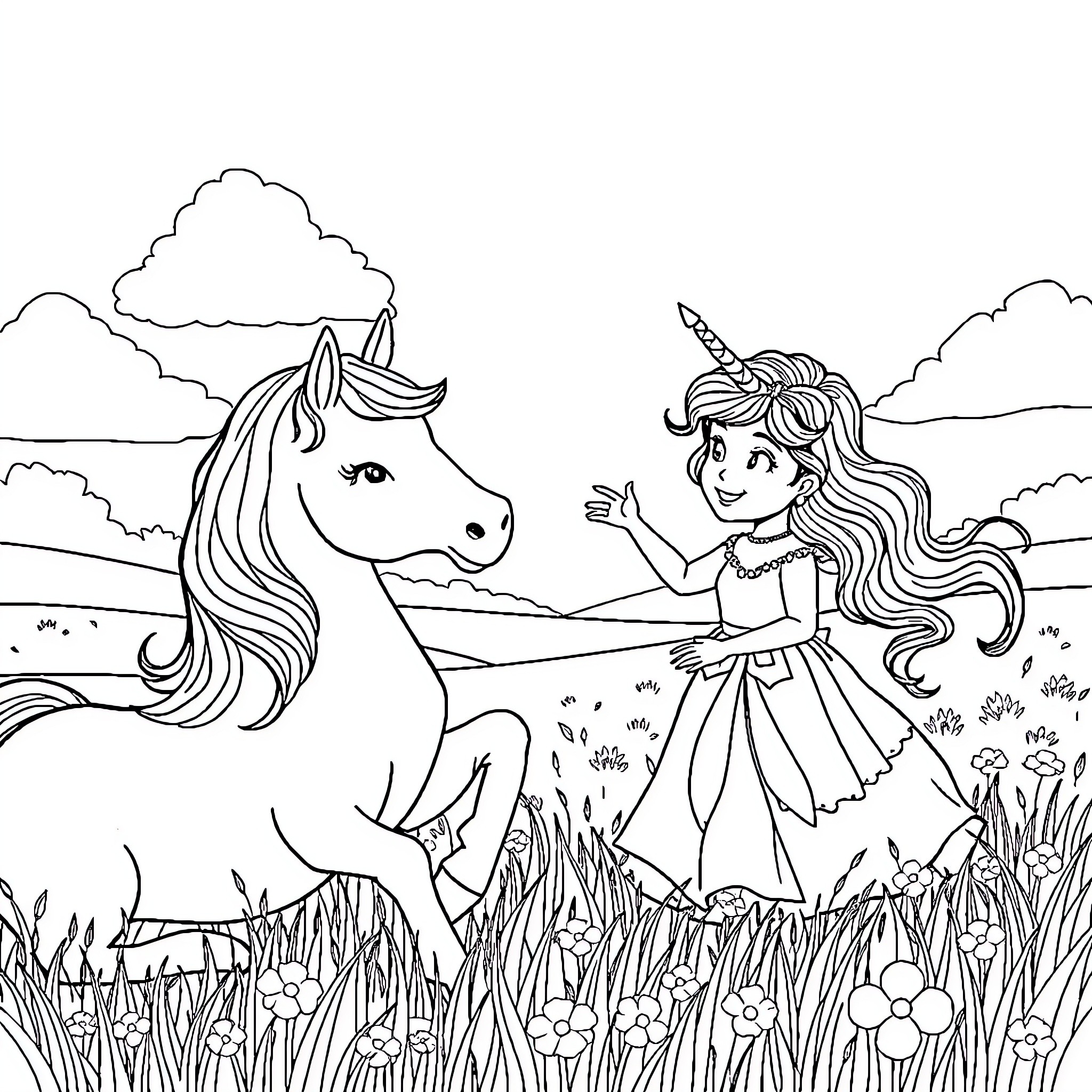 Princess playing with her unicorn in a flowery meadow Coloring Page (free black-and-white line drawing printable PDF for all, from beginners to advanced learners, including children, teens, adults, and seniors)