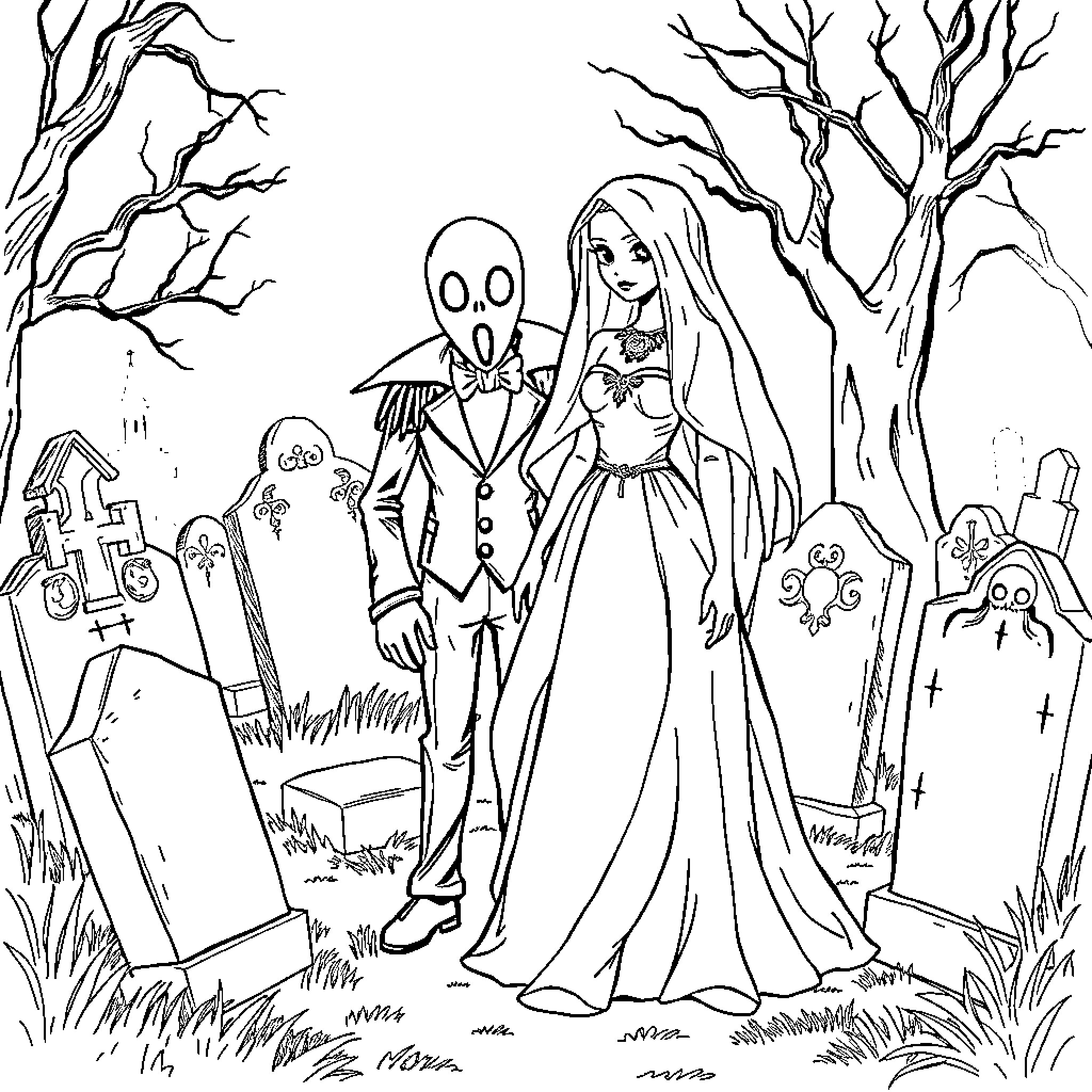 Ghostface couple in haunting graveyard scene Coloring Page (free black-and-white line drawing printable PDF for all, from beginners to advanced learners, including children, teens, adults, and seniors)