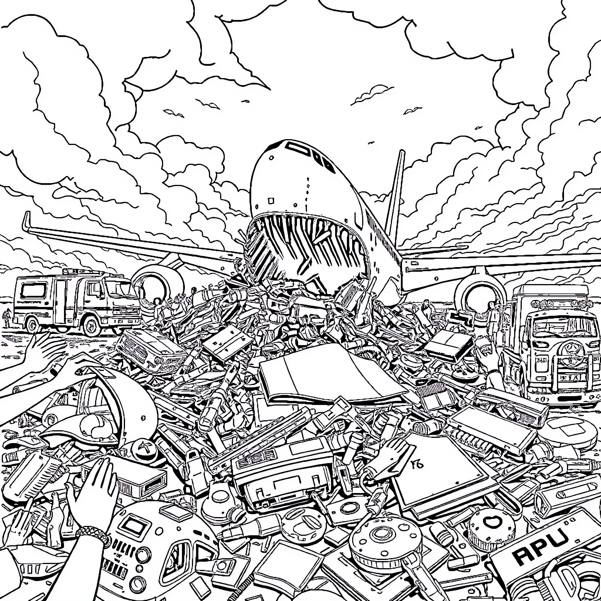 Airplane crash in a junkyard of electronics and machinery Coloring Page (free black-and-white line drawing printable PDF for all, from beginners to advanced learners, including children, teens, adults, and seniors)