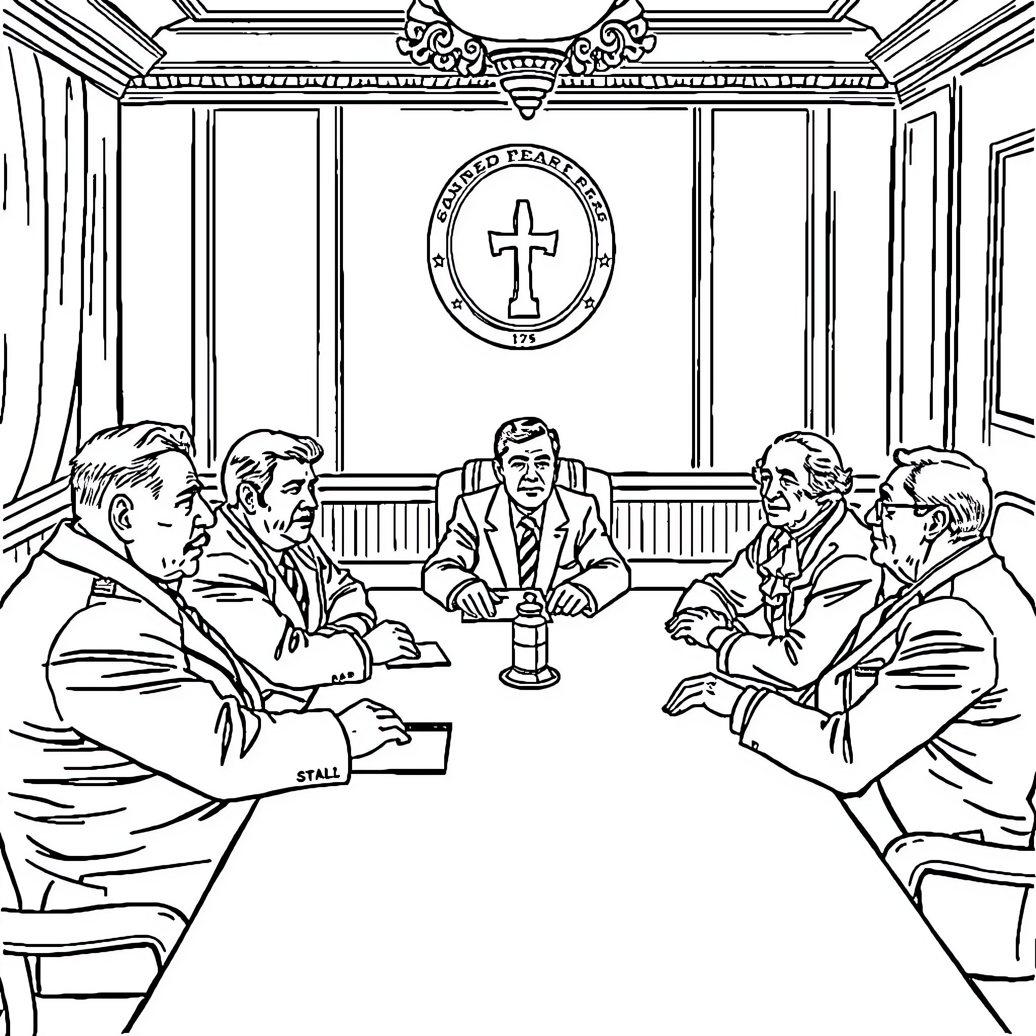 Leader presiding over a formal meeting in a church setting Coloring Page (free black-and-white line drawing printable PDF for all, from beginners to advanced learners, including children, teens, adults, and seniors)