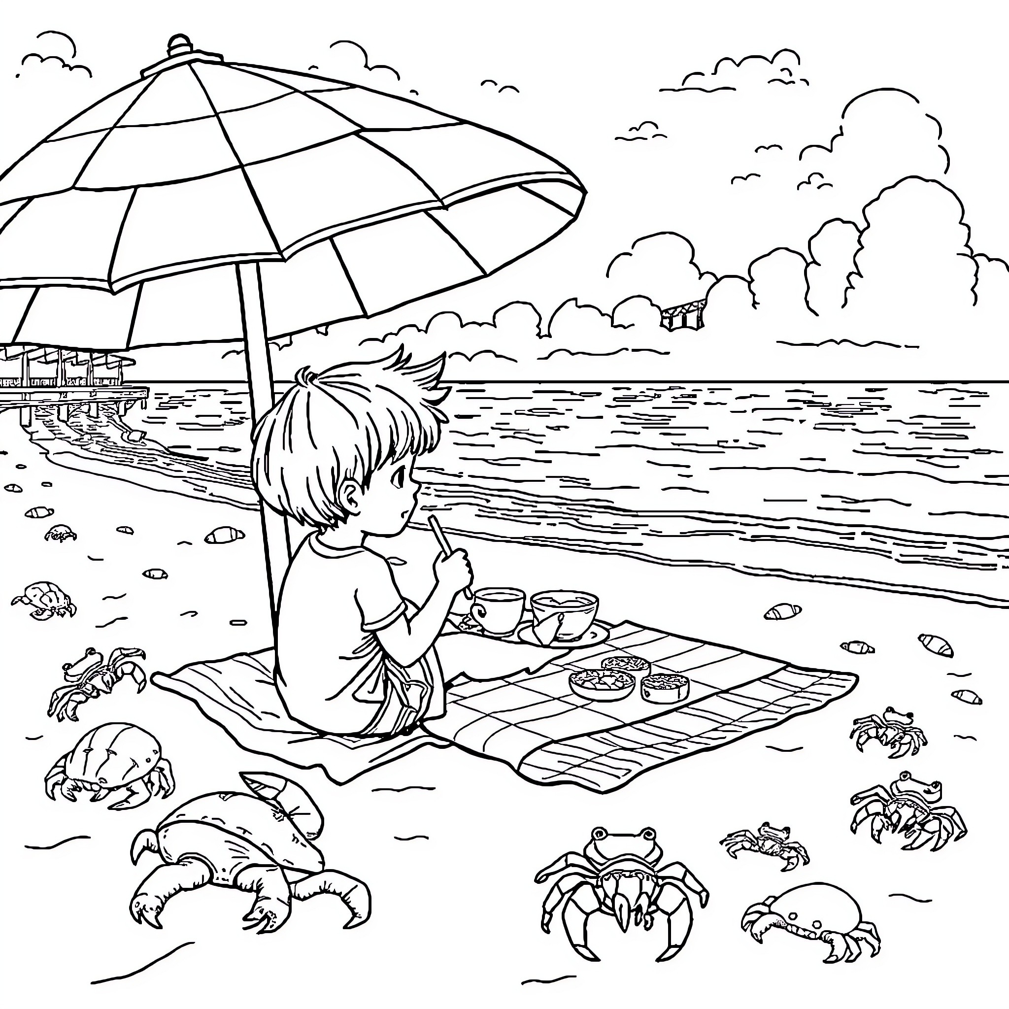 Boy relaxing with snacks on the beach Coloring Page (free black-and-white line drawing printable PDF for all, from beginners to advanced learners, including children, teens, adults, and seniors)