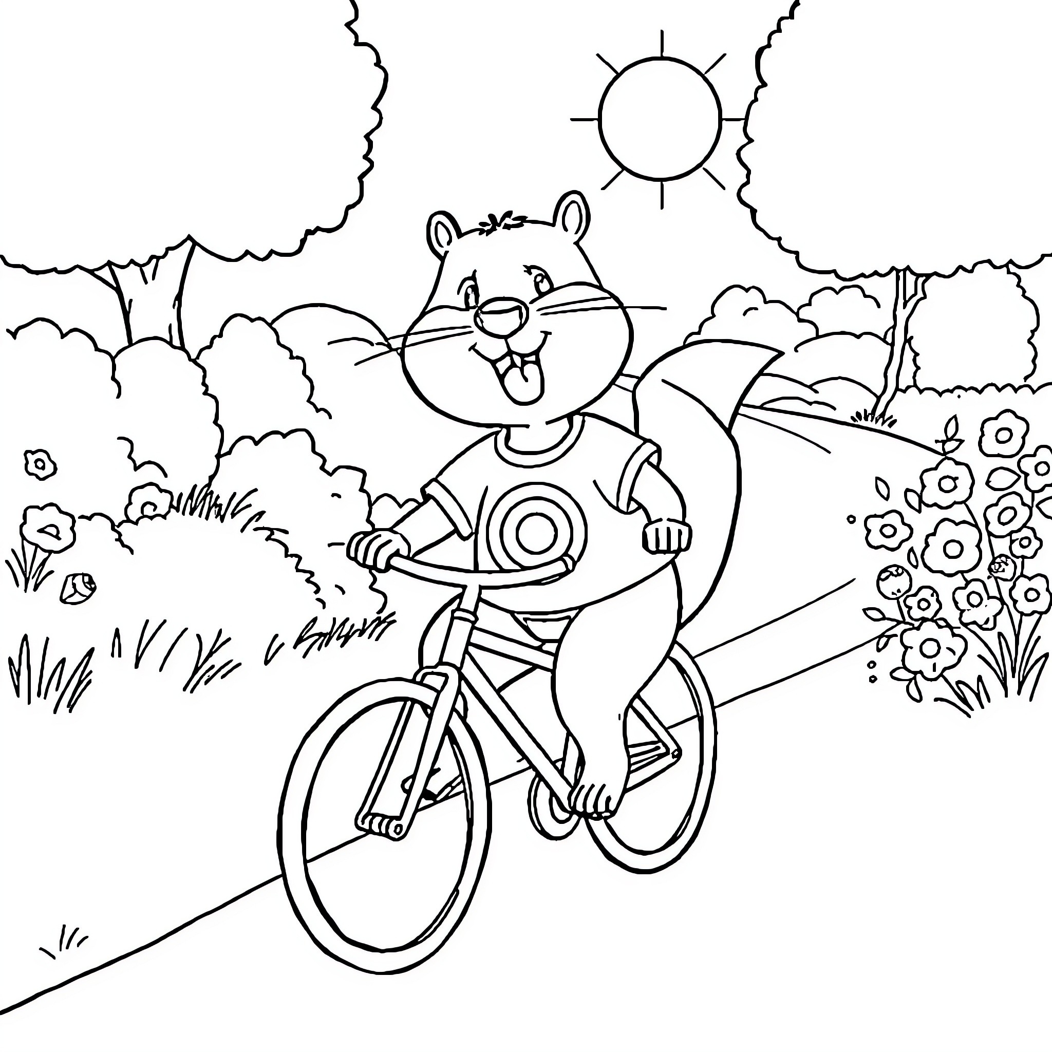 Beaver riding a bicycle in the park Coloring Page (free black-and-white line drawing printable PDF for all, from beginners to advanced learners, including children, teens, adults, and seniors)