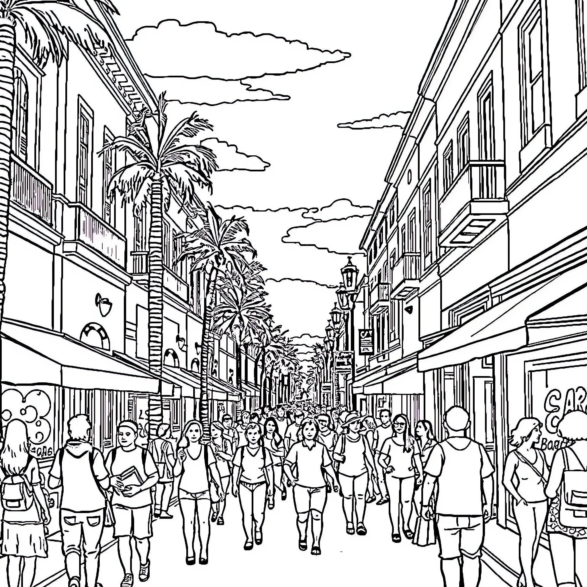 La Lively Street Scene with Palm Trees and Pedestrians Coloring Page (free black-and-white line drawing printable PDF for all, from beginners to advanced learners, including children, teens, adults, and seniors)