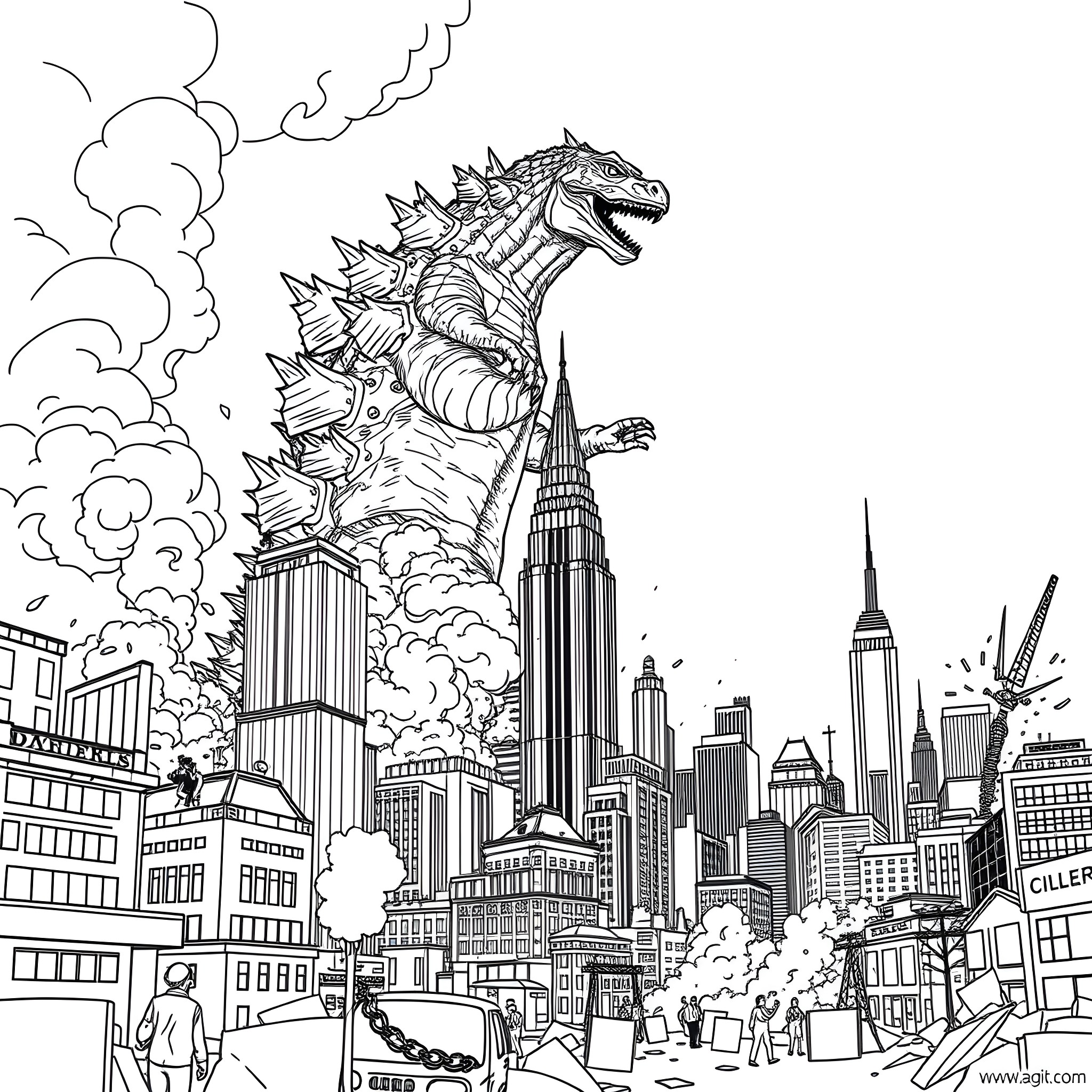 Godzilla Rampaging Through the City Skyline Coloring Page (free black-and-white line drawing printable PDF for all, from beginners to advanced learners, including children, teens, adults, and seniors)