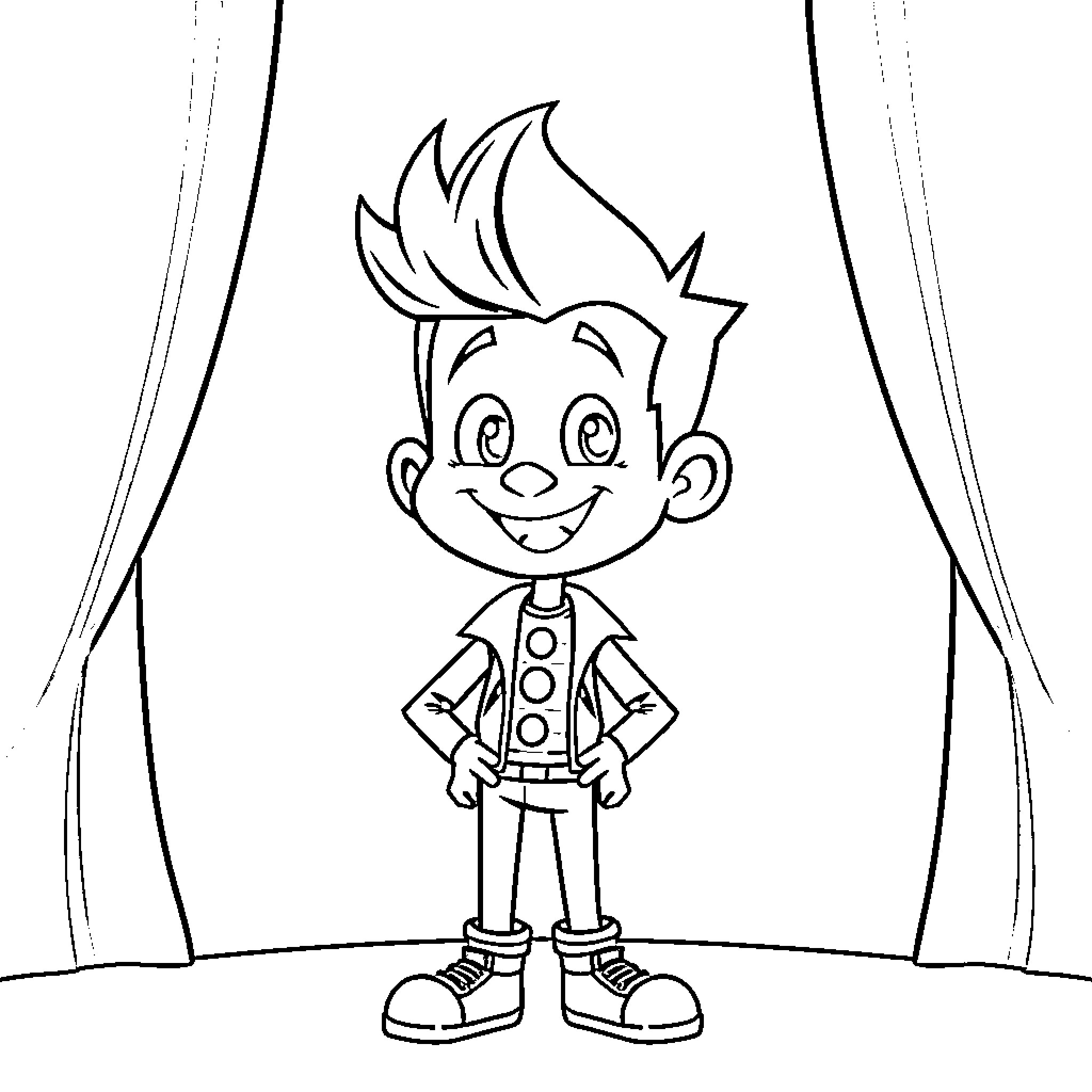 Felix's Cheerful Appearance on Stage Coloring Page (free black-and-white line drawing printable PDF for all, from beginners to advanced learners, including children, teens, adults, and seniors)