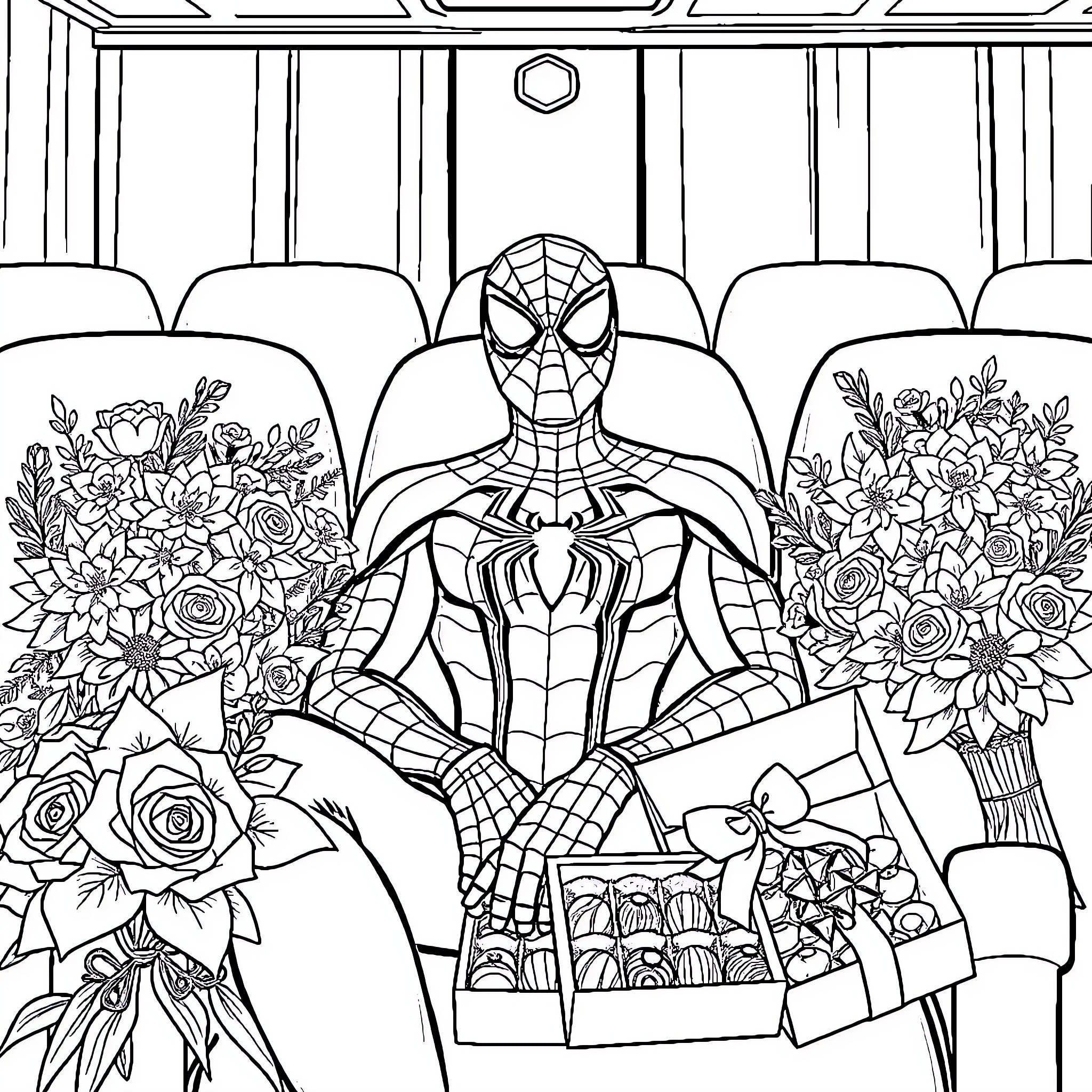Spider-Man surrounded by flowers and gifts in a theater Coloring Page (free black-and-white line drawing printable PDF for all, from beginners to advanced learners, including children, teens, adults, and seniors)