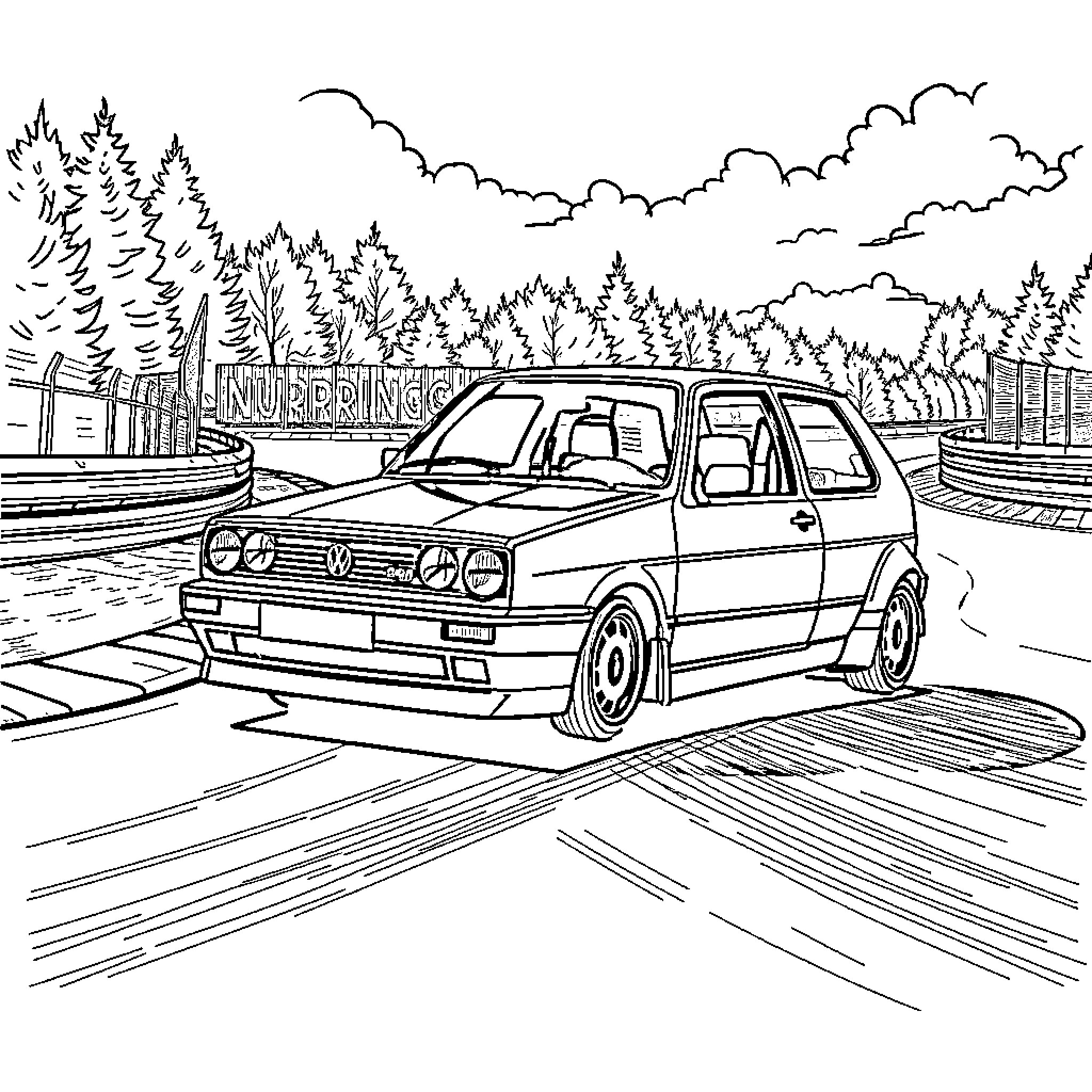 Golf car racing through the countryside Coloring Page (free black-and-white line drawing printable PDF for all, from beginners to advanced learners, including children, teens, adults, and seniors)