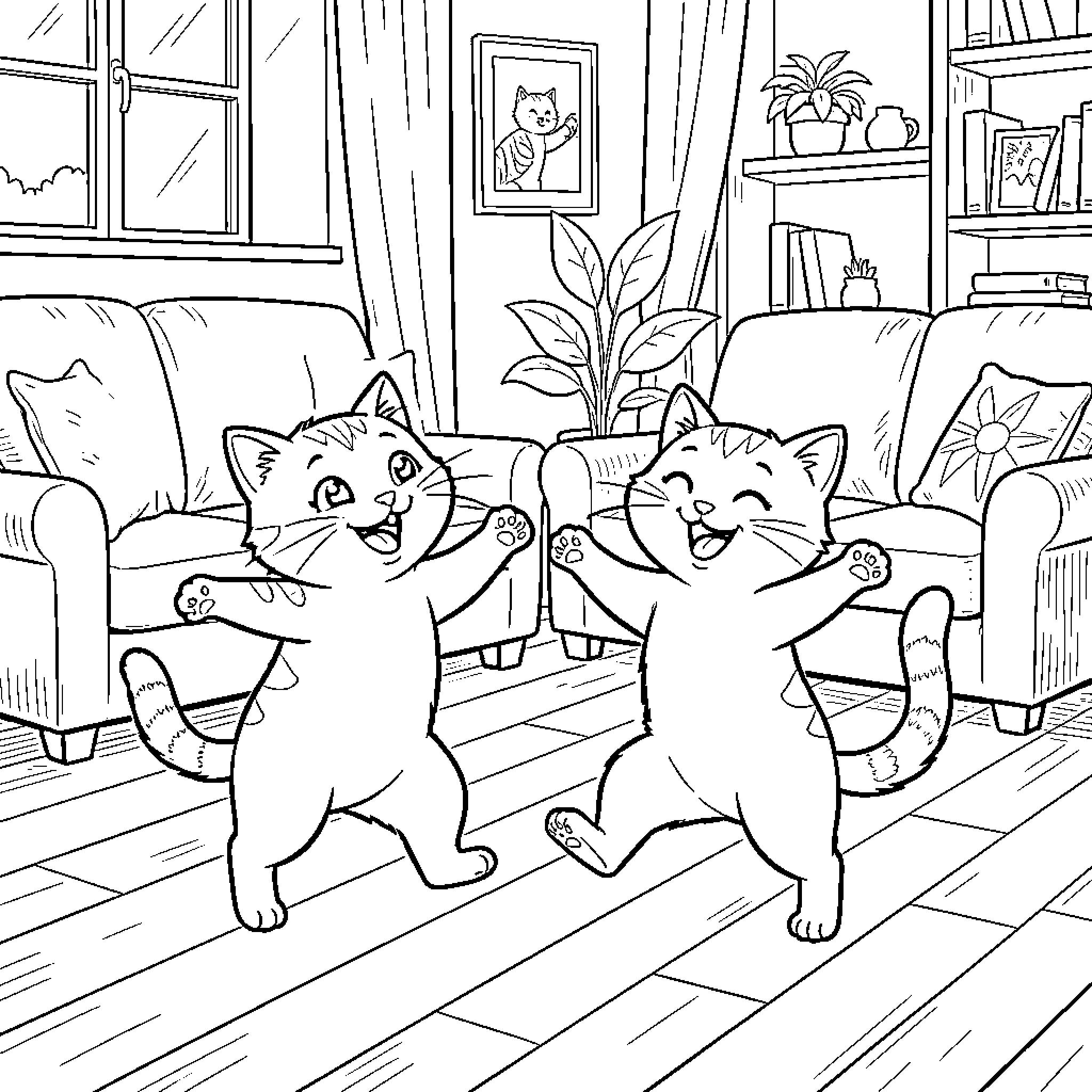 Cats playing happily in the living room Coloring Page (free black-and-white line drawing printable PDF for all, from beginners to advanced learners, including children, teens, adults, and seniors)