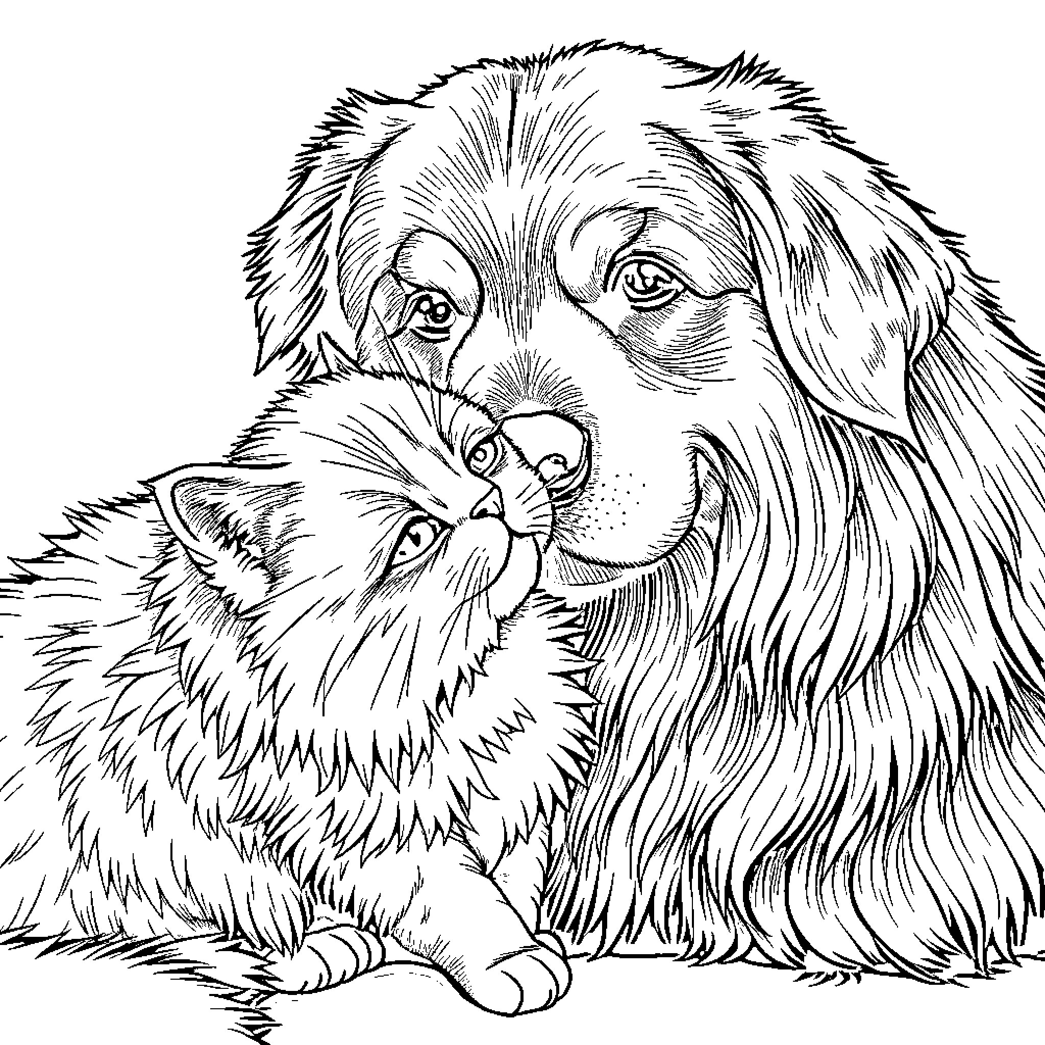 Cat and Dog Cuddling Affectionately Coloring Page (free black-and-white line drawing printable PDF for all, from beginners to advanced learners, including children, teens, adults, and seniors)