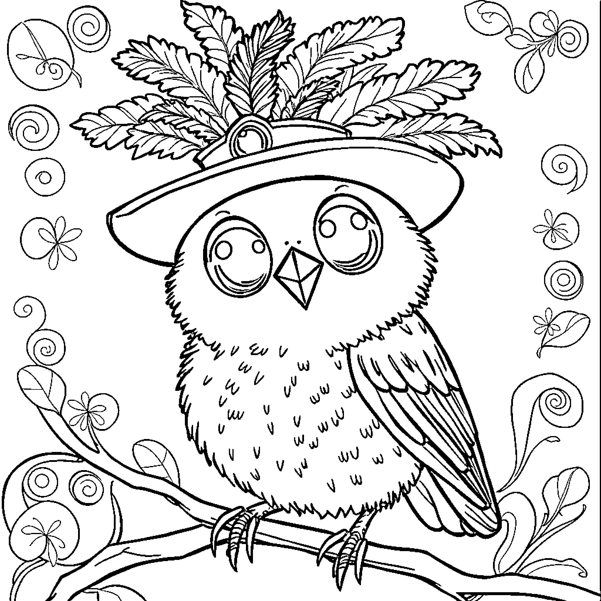 Owl dressed in fancy hat and surrounded by floral patterns Coloring Page (free black-and-white line drawing printable PDF for all, from beginners to advanced learners, including children, teens, adults, and seniors)