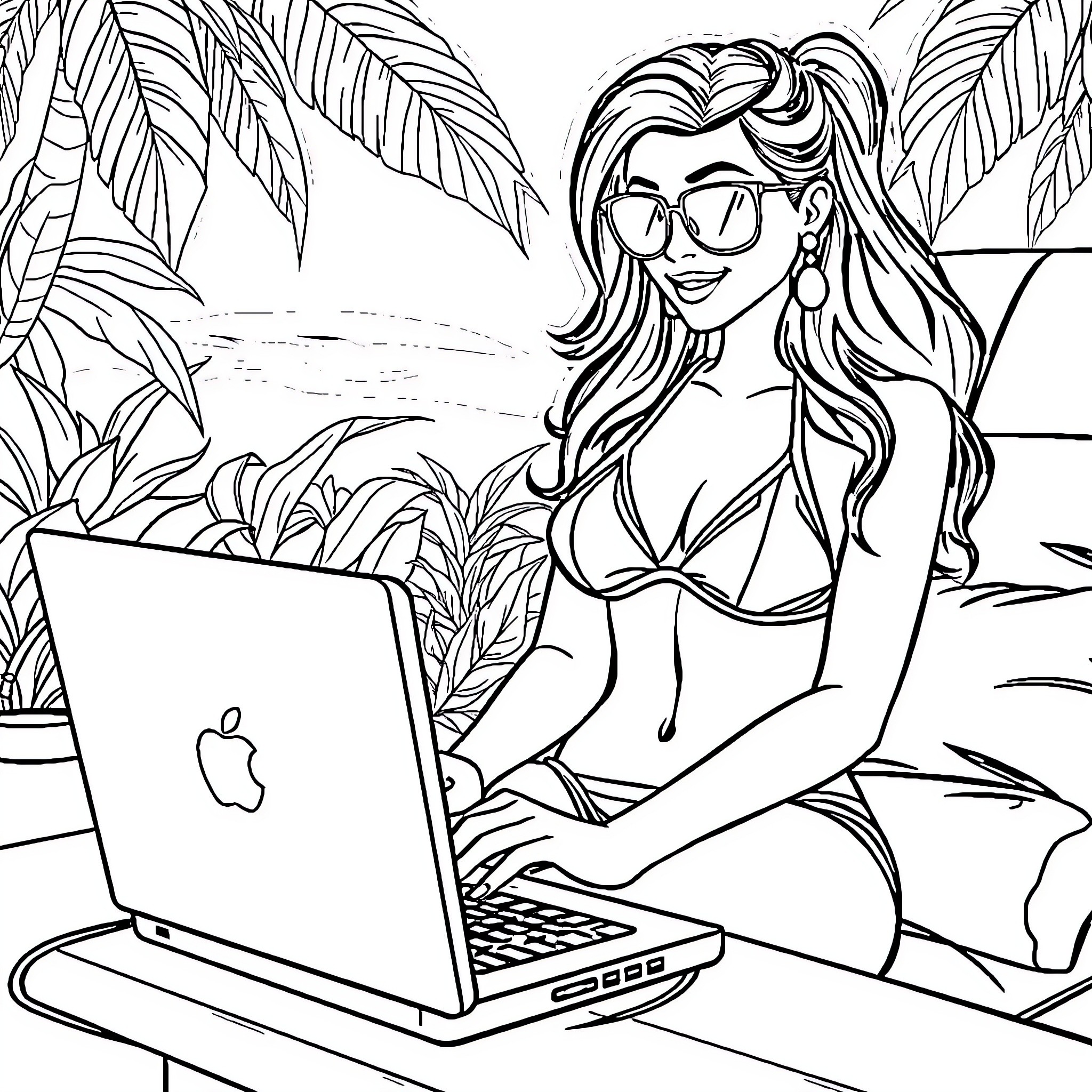 Mimi working on laptop in tropical paradise Coloring Page (free black-and-white line drawing printable PDF for all, from beginners to advanced learners, including children, teens, adults, and seniors)