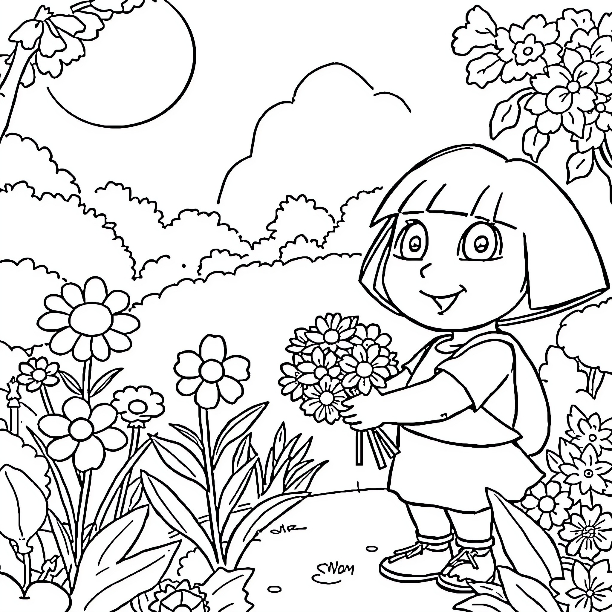 Dora exploring the enchanting garden Coloring Page (free black-and-white line drawing printable PDF for all, from beginners to advanced learners, including children, teens, adults, and seniors)