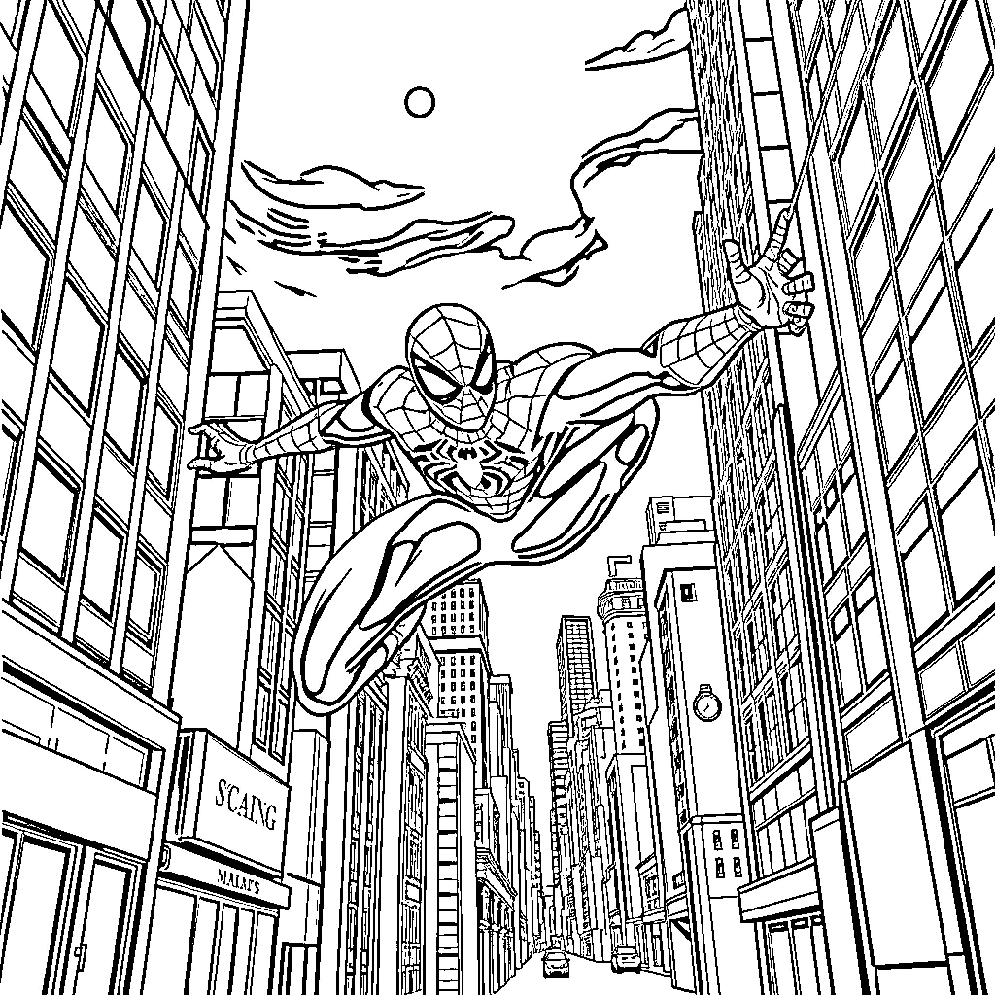 Spiderman swinging through the city skyline Coloring Page (free black-and-white line drawing printable PDF for all, from beginners to advanced learners, including children, teens, adults, and seniors)