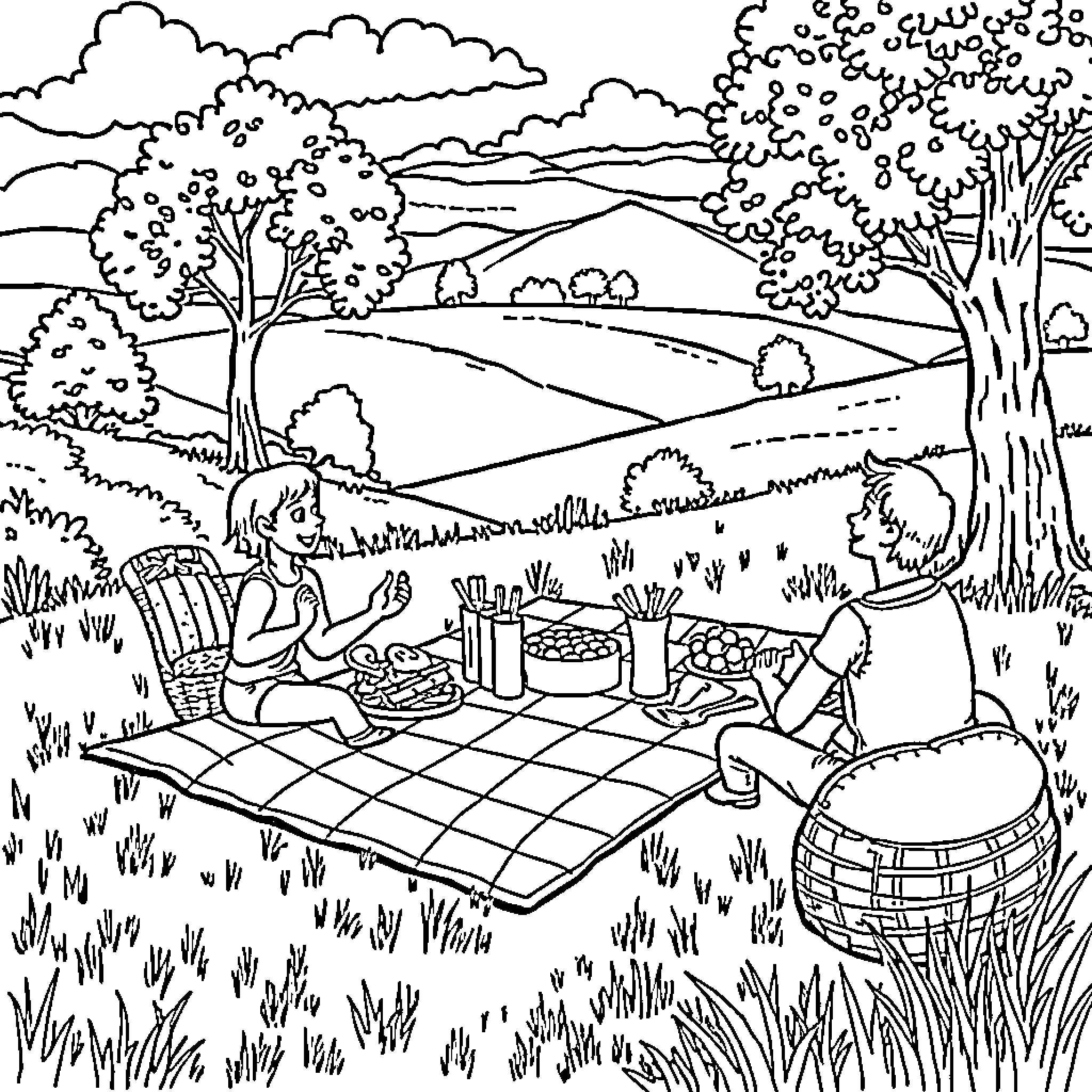 Picnic in the Peaceful Countryside Coloring Page (free black-and-white line drawing printable PDF for all, from beginners to advanced learners, including children, teens, adults, and seniors)
