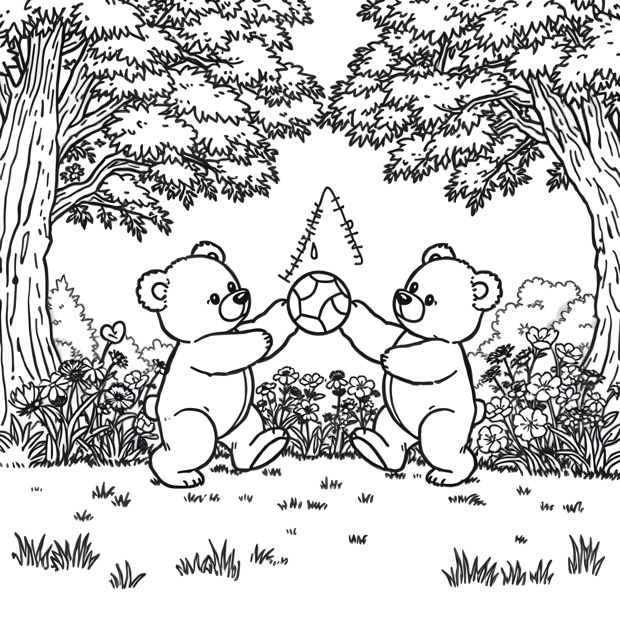 Teddy Bears Playing Together in the Forest Coloring Page (free black-and-white line drawing printable PDF for all, from beginners to advanced learners, including children, teens, adults, and seniors)