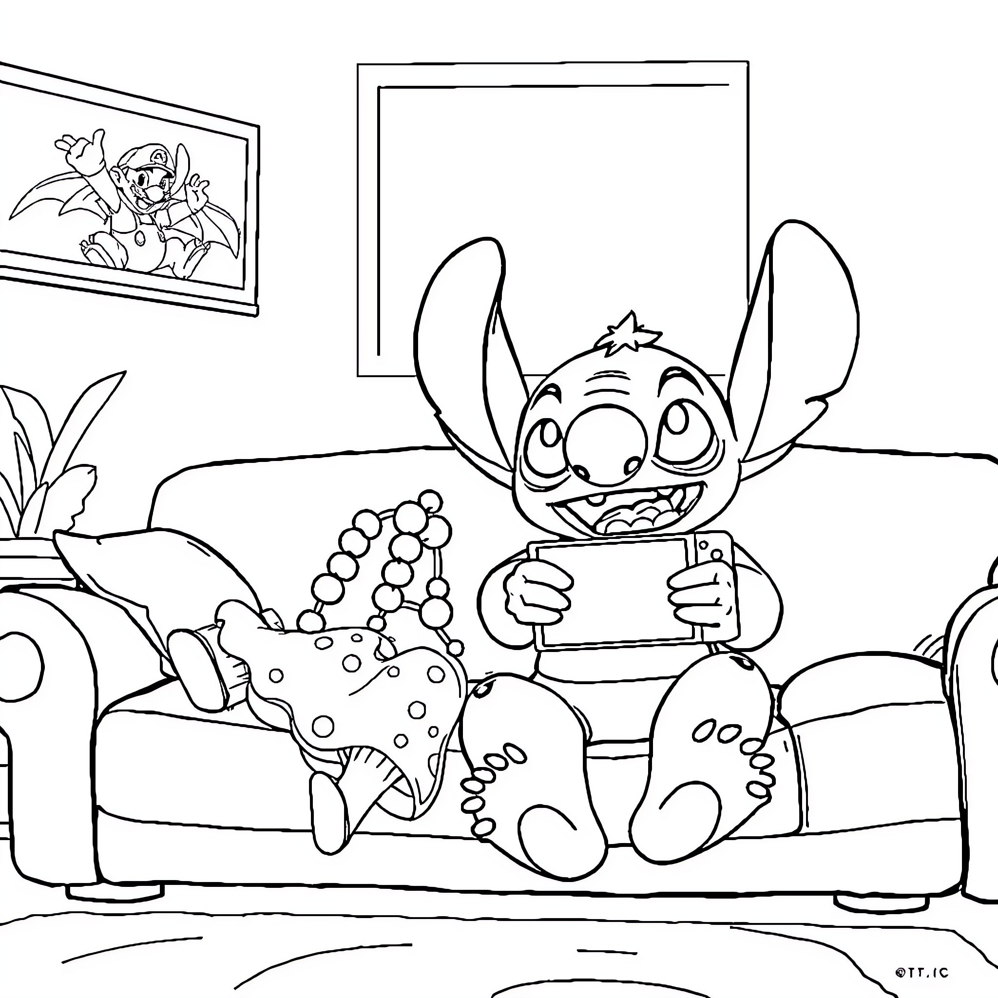 Lilo Stitch playing video games on the sofa Coloring Page (free black-and-white line drawing printable PDF for all, from beginners to advanced learners, including children, teens, adults, and seniors)