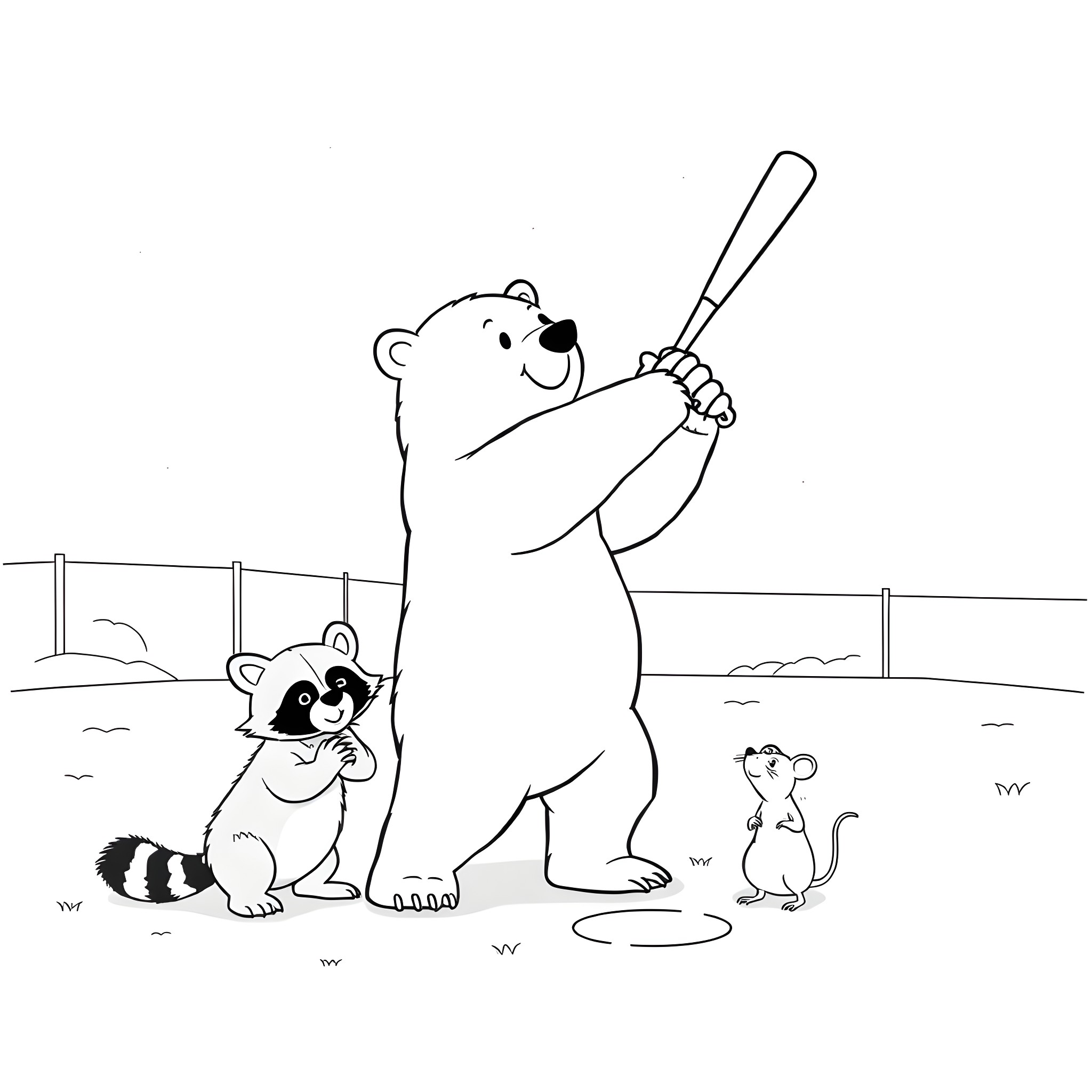 Polar Bear playing baseball with friends Coloring Page (free black-and-white line drawing printable PDF for all, from beginners to advanced learners, including children, teens, adults, and seniors)
