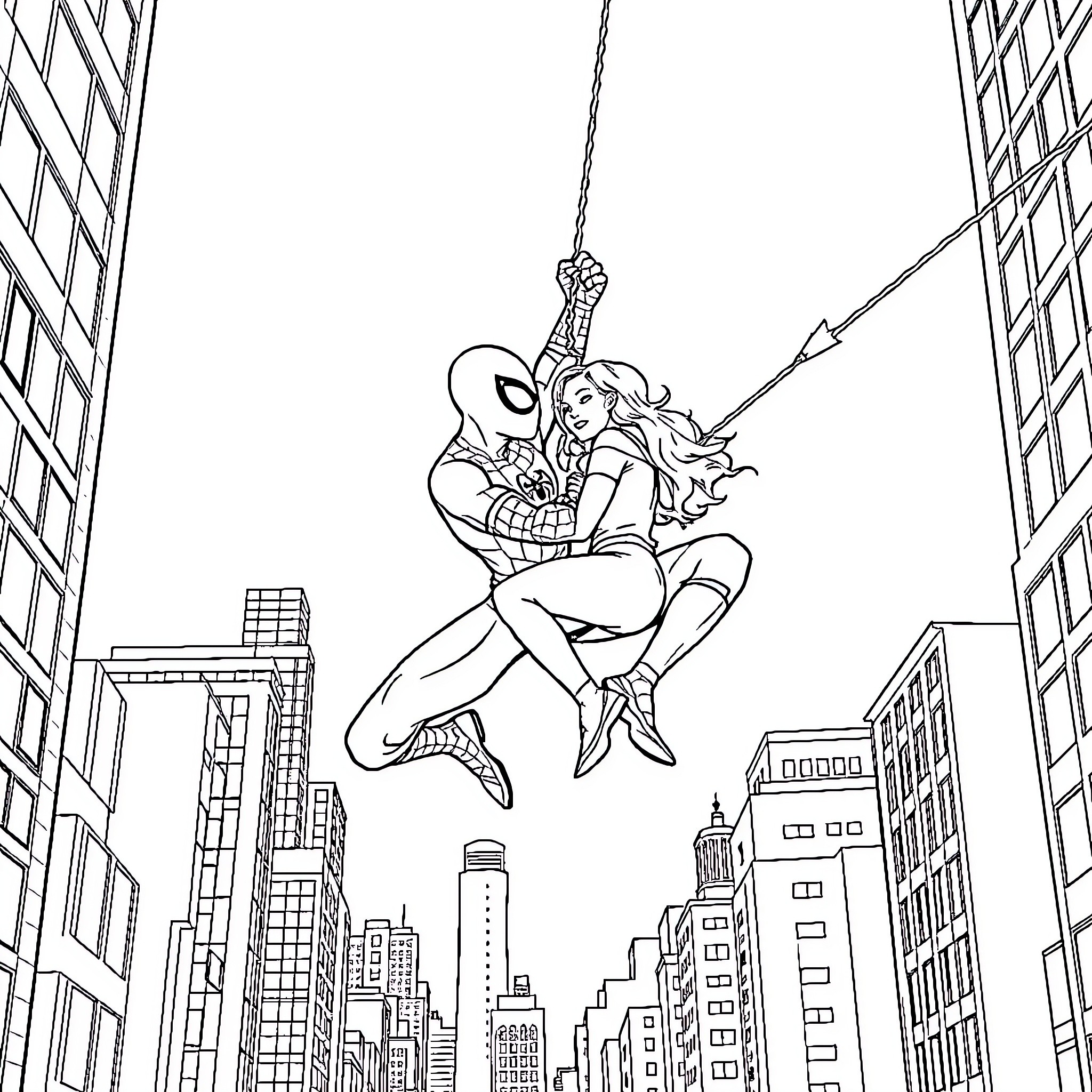 Spiderman rescuing a woman in the city Coloring Page (free black-and-white line drawing printable PDF for all, from beginners to advanced learners, including children, teens, adults, and seniors)