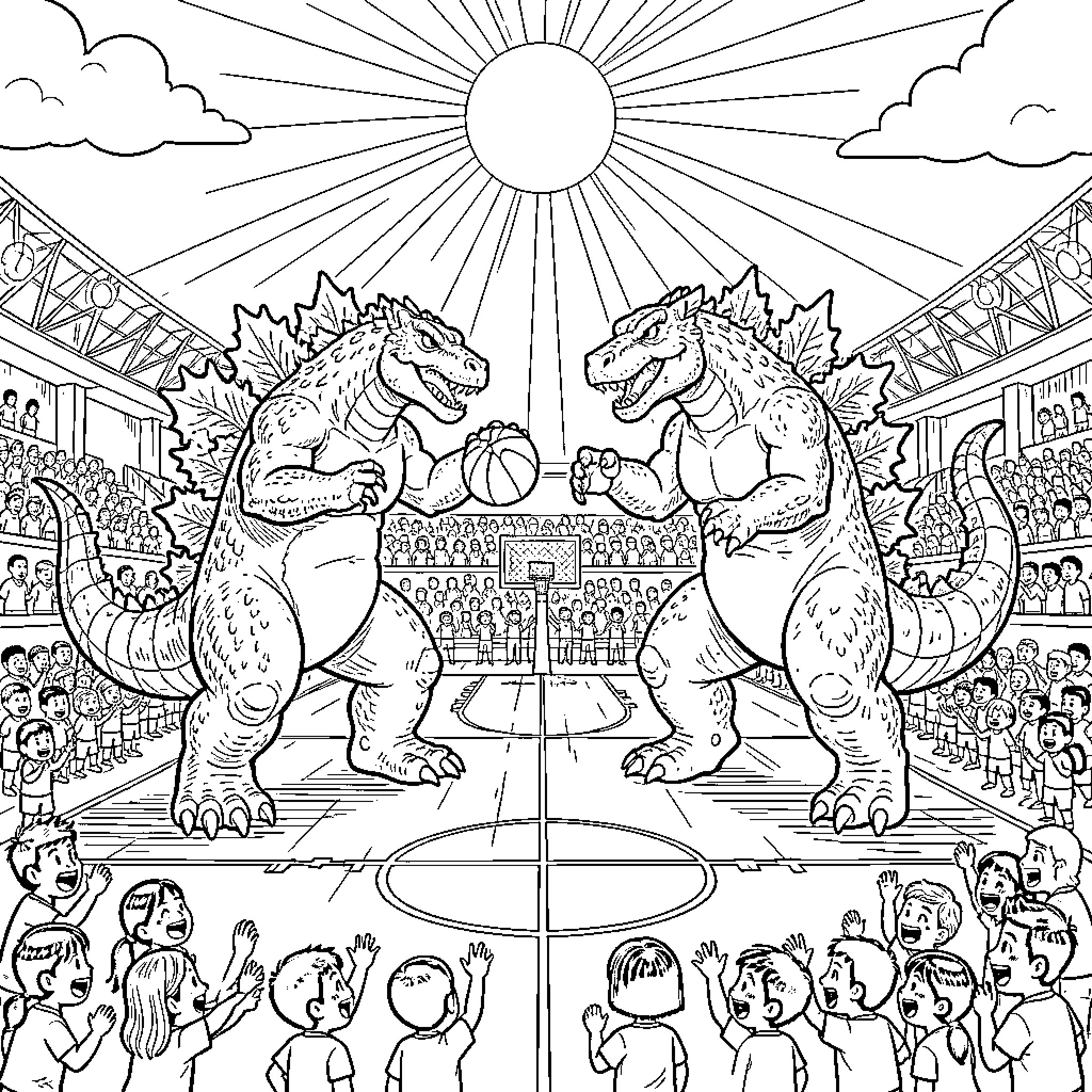 Godzilla Duel in the Sunlit Arena Coloring Page (free black-and-white line drawing printable PDF for all, from beginners to advanced learners, including children, teens, adults, and seniors)
