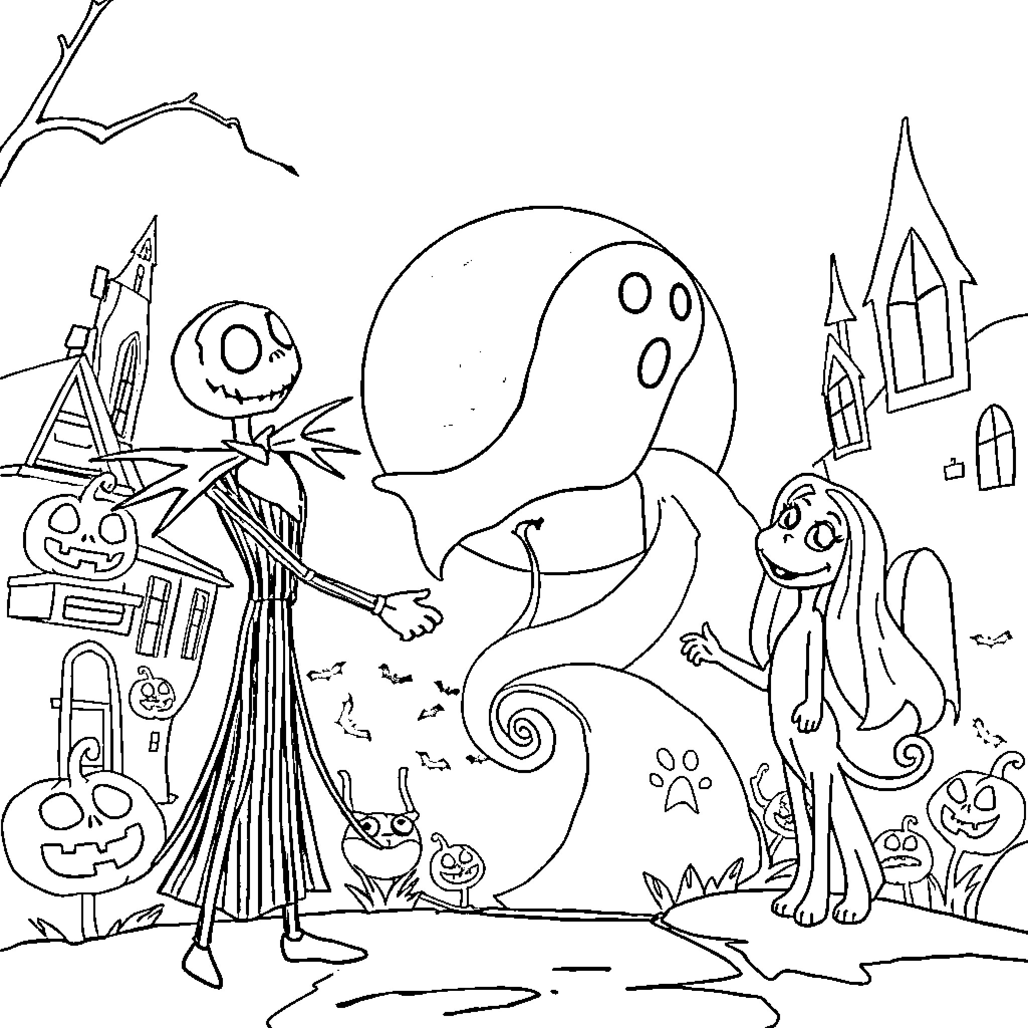 Jack Skellington with Spooky Companions in Haunted Town Coloring Page (free black-and-white line drawing printable PDF for all, from beginners to advanced learners, including children, teens, adults, and seniors)