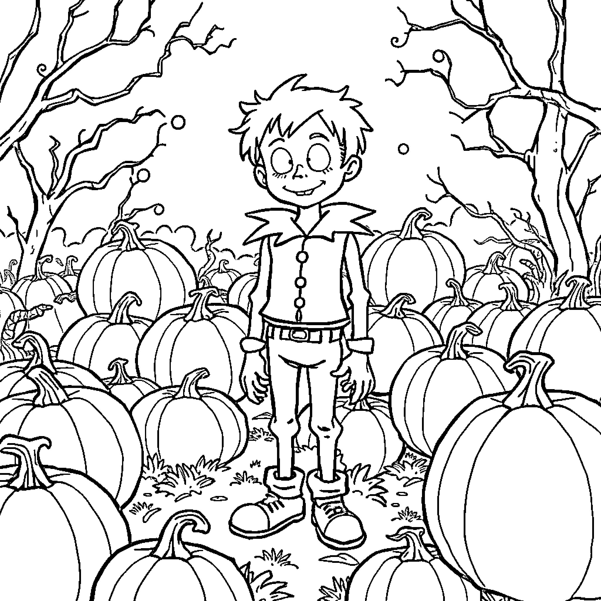 Jack exploring the pumpkin patch Coloring Page (free black-and-white line drawing printable PDF for all, from beginners to advanced learners, including children, teens, adults, and seniors)